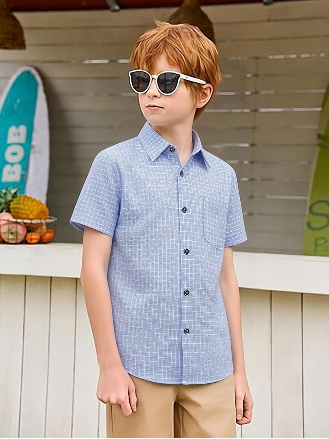 image:imageAlex Vando Boys Button Down Shirt Short Sleeve Plaid Stretch Dress ShirtBlueplaid