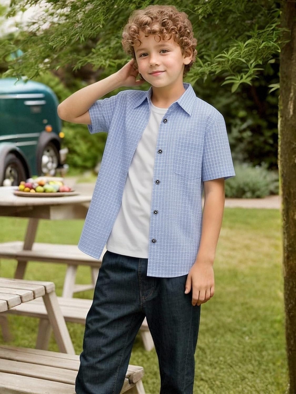 image:imageAlex Vando Boys Button Down Shirt Short Sleeve Plaid Stretch Dress ShirtBlueplaid
