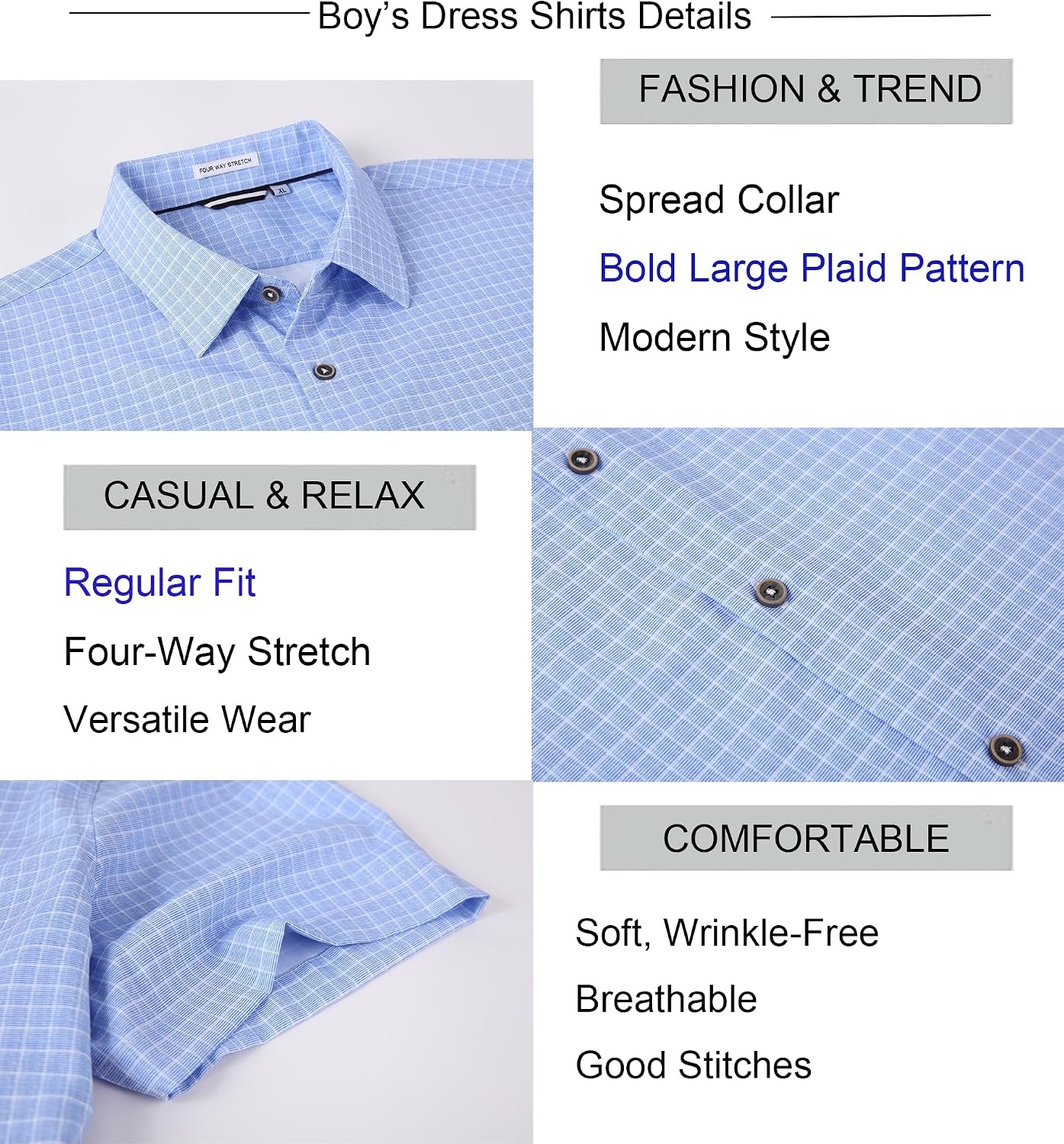image:imageAlex Vando Boys Button Down Shirt Short Sleeve Plaid Stretch Dress ShirtBlueplaid
