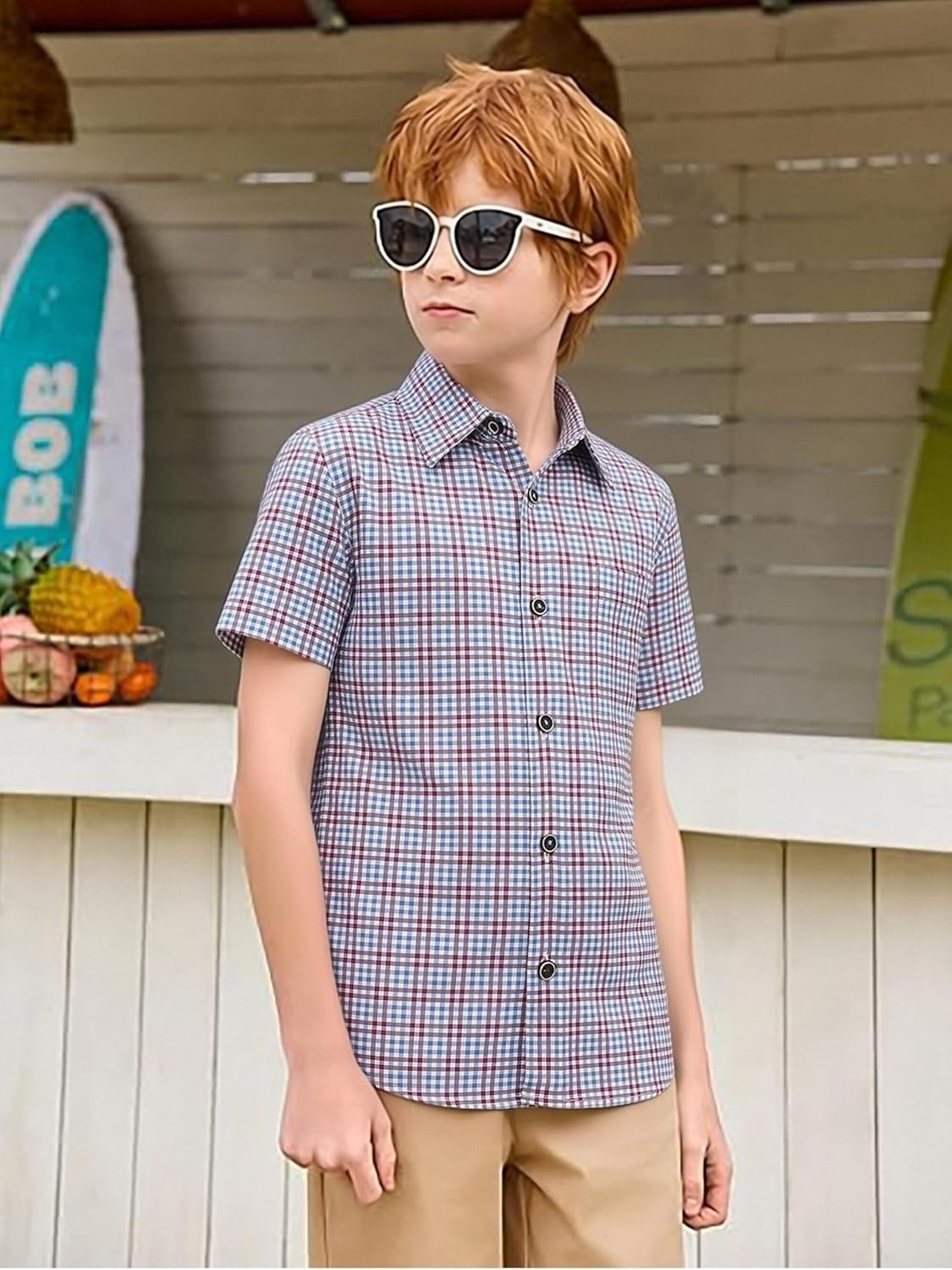 image:imageAlex Vando Boys Button Down Shirt Short Sleeve Plaid Stretch Dress ShirtBluered