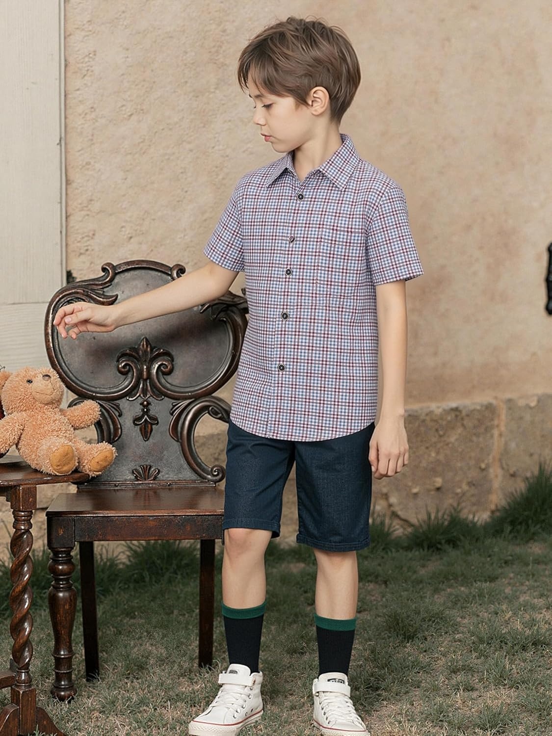image:imageAlex Vando Boys Button Down Shirt Short Sleeve Plaid Stretch Dress ShirtBluered