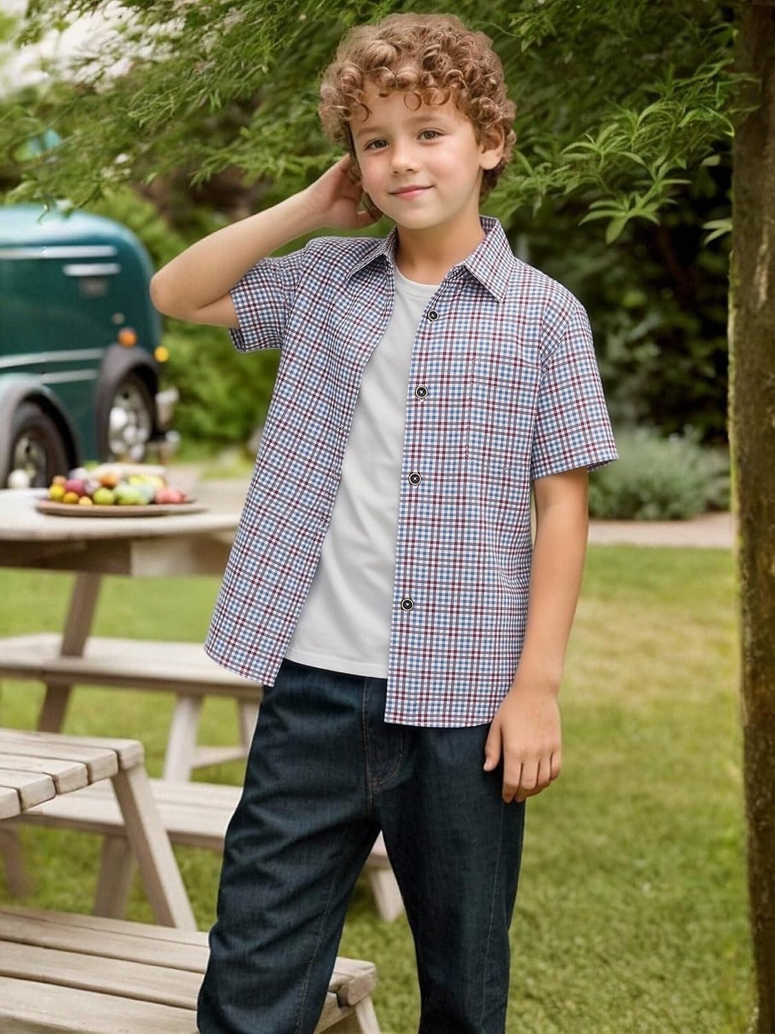 image:imageAlex Vando Boys Button Down Shirt Short Sleeve Plaid Stretch Dress ShirtBluered