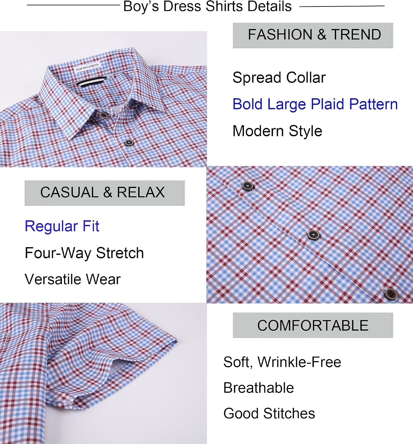 image:imageAlex Vando Boys Button Down Shirt Short Sleeve Plaid Stretch Dress ShirtBluered