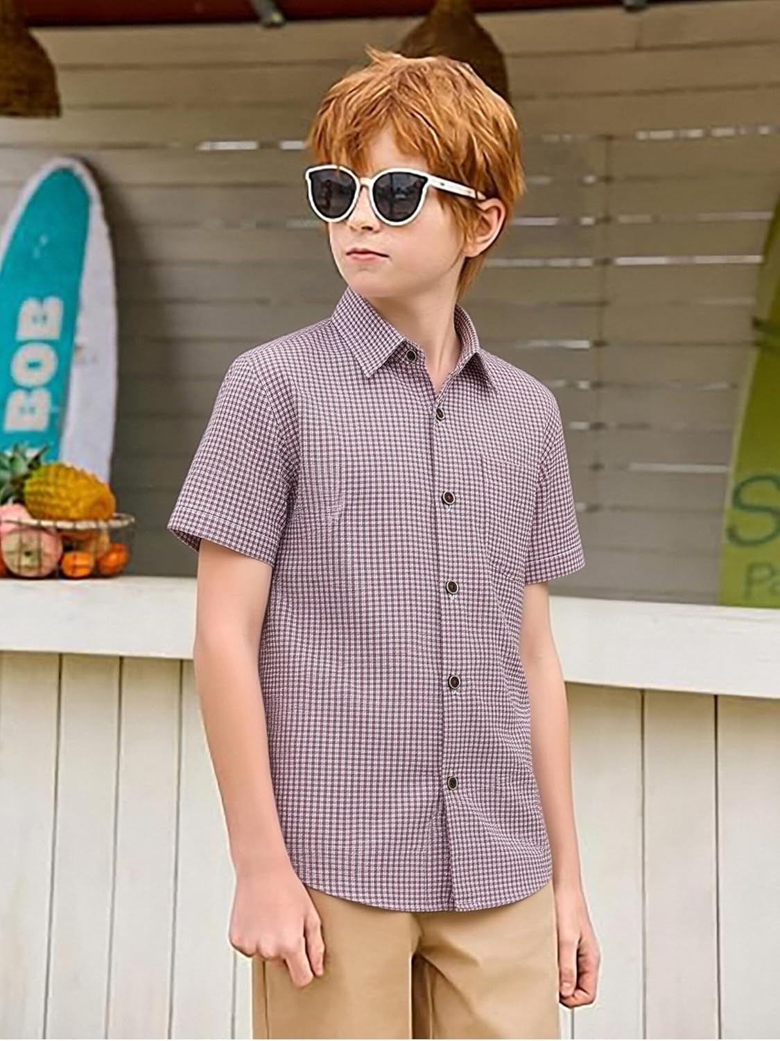 image:imageAlex Vando Boys Button Down Shirt Short Sleeve Plaid Stretch Dress ShirtRedplaid