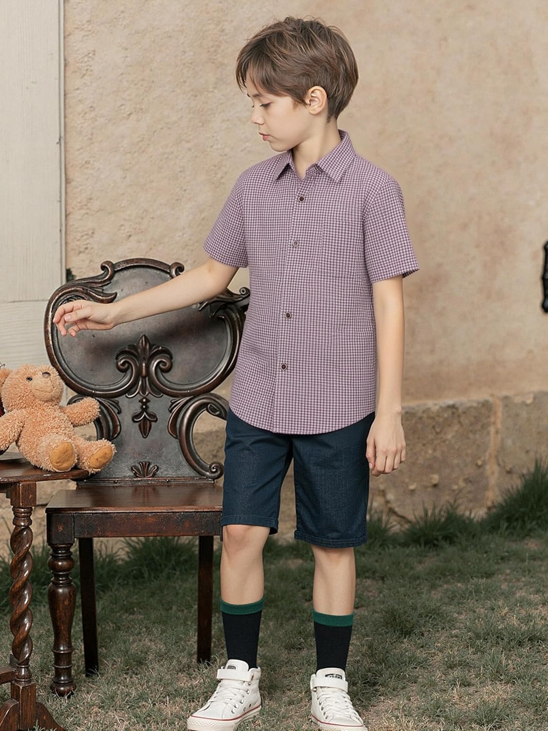 image:imageAlex Vando Boys Button Down Shirt Short Sleeve Plaid Stretch Dress ShirtRedplaid