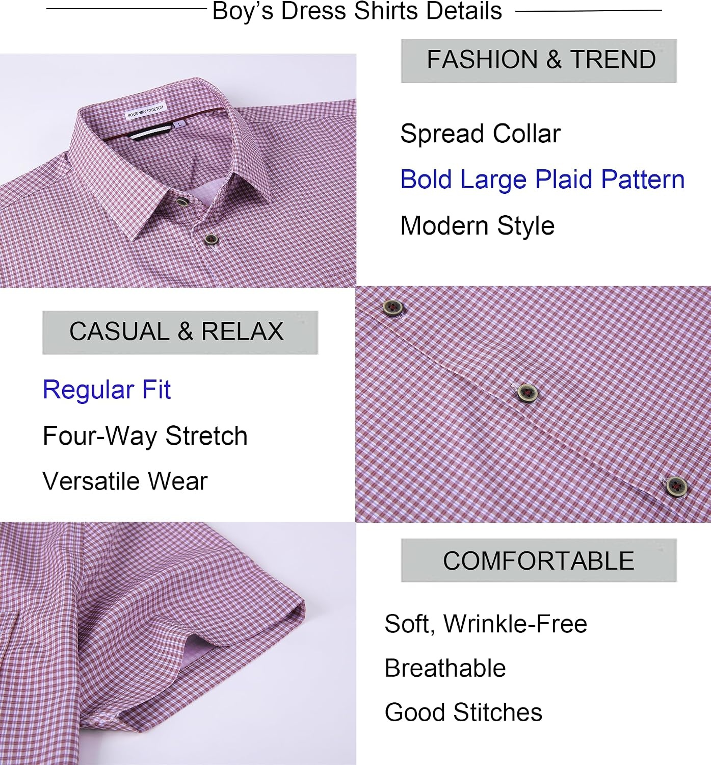 image:imageAlex Vando Boys Button Down Shirt Short Sleeve Plaid Stretch Dress ShirtRedplaid
