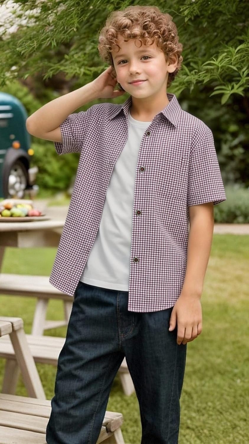image:imageAlex Vando Boys Button Down Shirt Short Sleeve Plaid Stretch Dress ShirtRedplaid