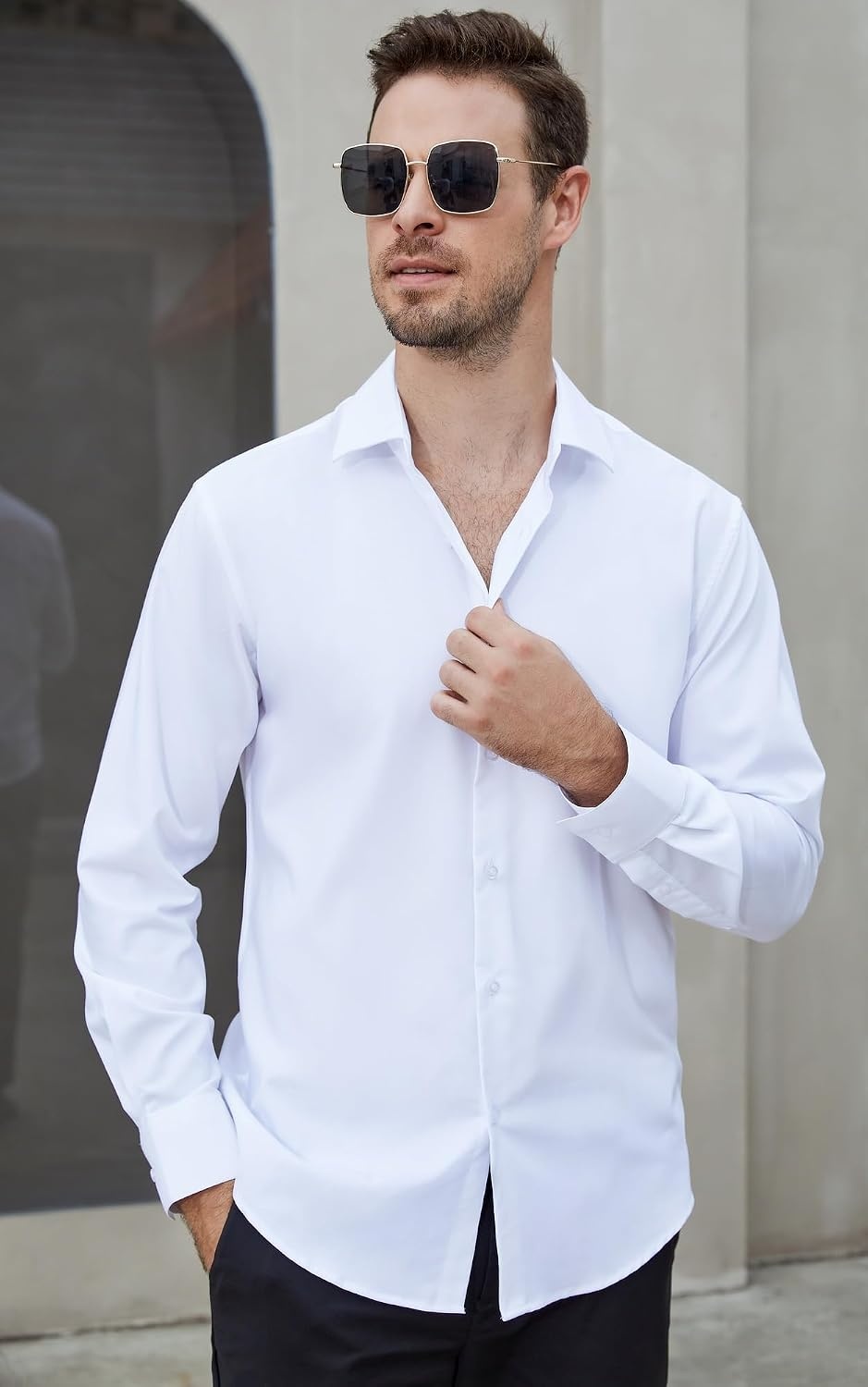 image:imageAlex Vando Mens Dress Shirts StainResistant Long Sleeve Stretch Work Shirts for MenStainresistant White 07