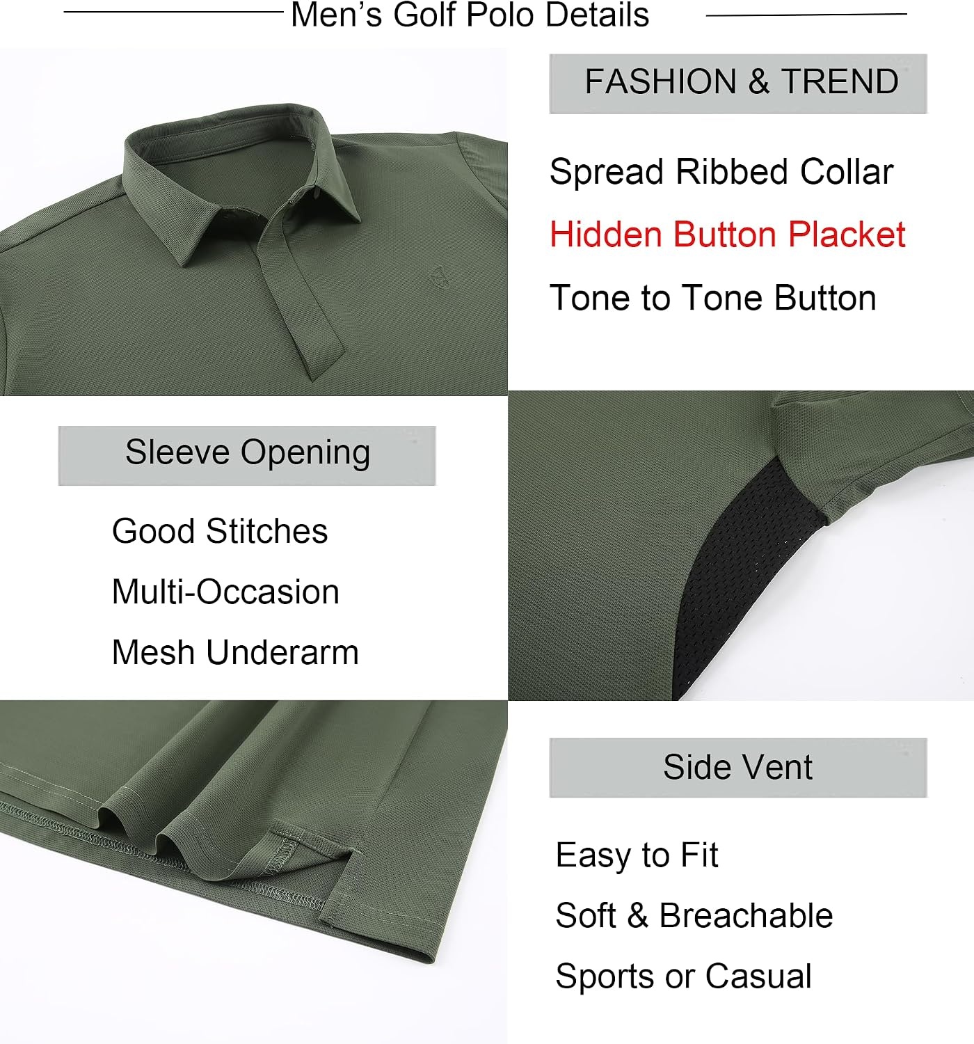 image:imageAlex Vando Mens Golf Polo Shirt Textured Stretch Performance PoloArmy