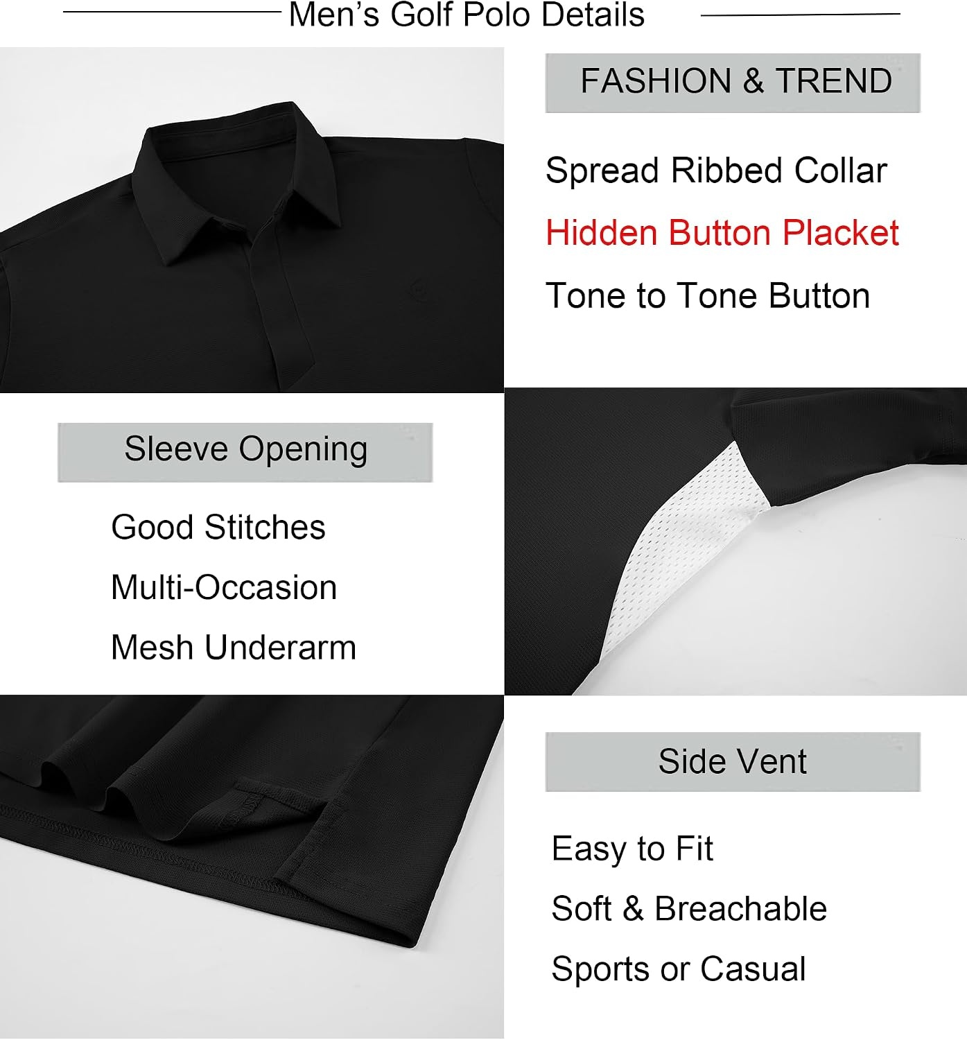 image:imageAlex Vando Mens Golf Polo Shirt Textured Stretch Performance PoloBlack
