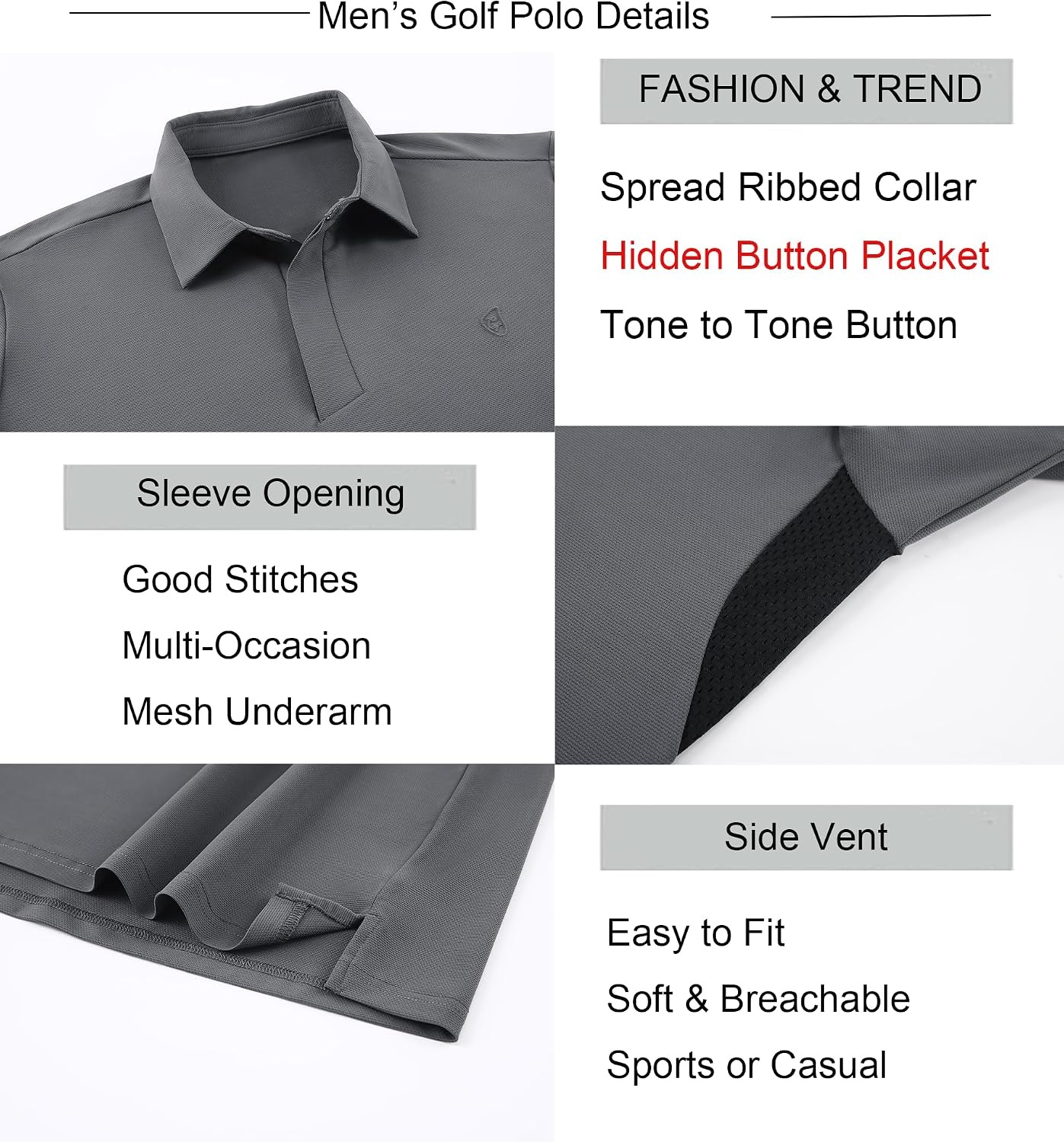 image:imageAlex Vando Mens Golf Polo Shirt Textured Stretch Performance PoloCharcoal