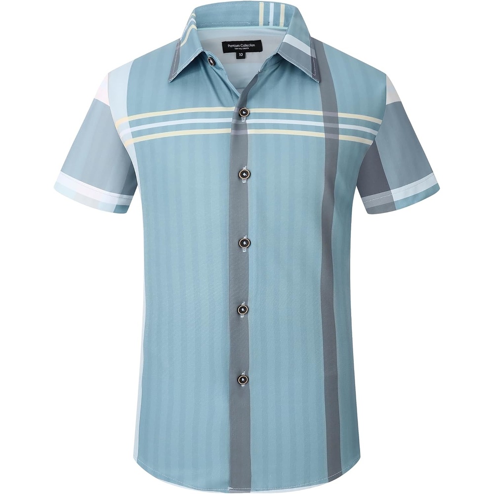 image:imageAlex Vando Boys Button Down Shirt Short Sleeve Plaid Stretch Dress ShirtBlueGrey