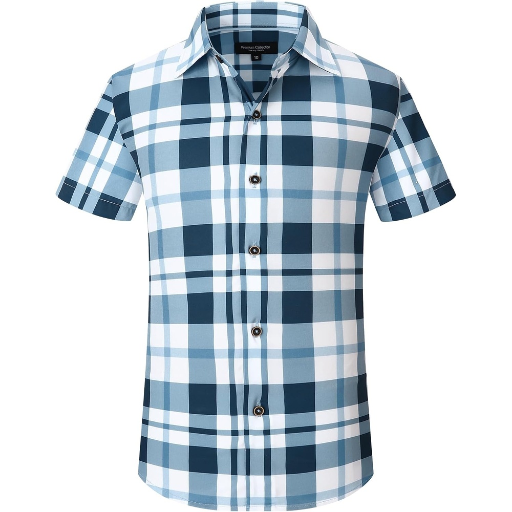 image:imageAlex Vando Boys Button Down Shirt Short Sleeve Plaid Stretch Dress ShirtNavy White