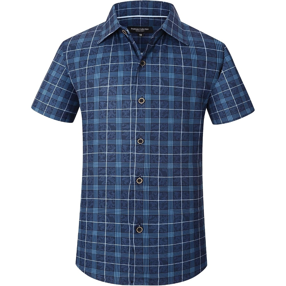 image:imageAlex Vando Boys Button Down Shirt Short Sleeve Plaid Stretch Dress ShirtNavy With Print