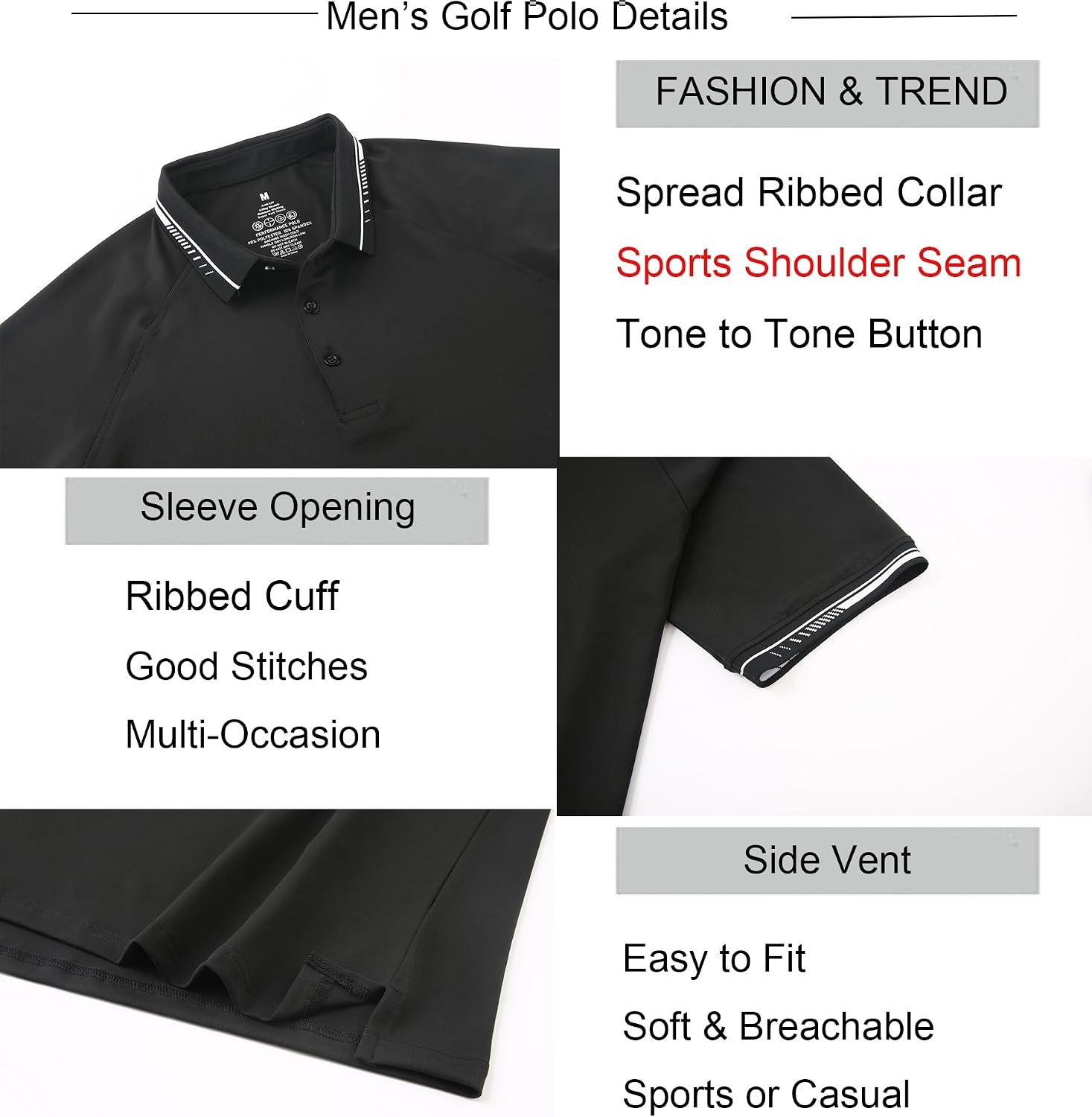 image:imageAlex Vando Mens Golf Shirt Moisture Wicking QuickDry Short Sleeve PoloBlack 189