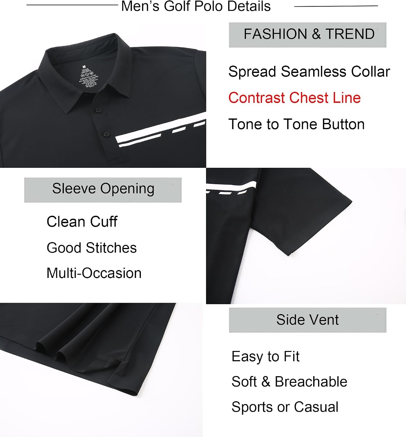 image:imageAlex Vando Mens Golf Shirt Moisture Wicking QuickDry Short Sleeve PoloBlack Pique