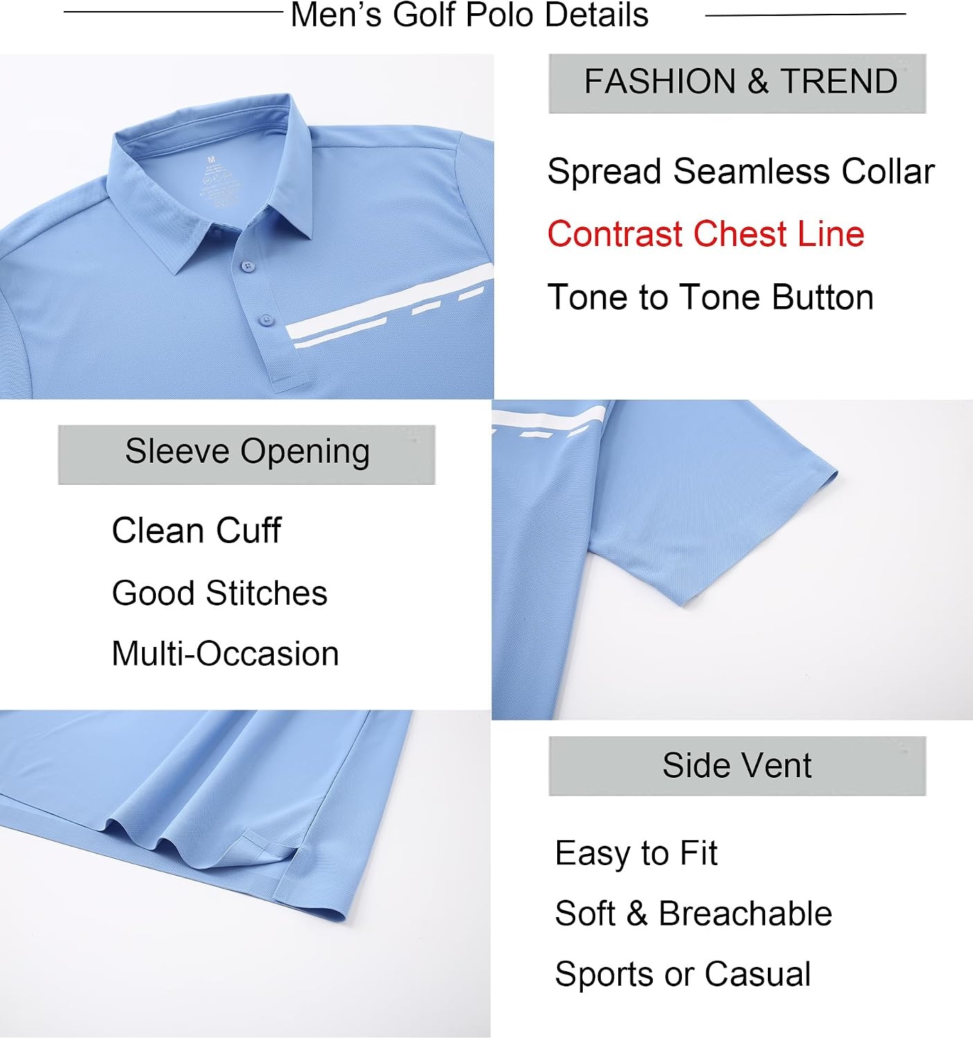image:imageAlex Vando Mens Golf Shirt Moisture Wicking QuickDry Short Sleeve PoloBlue Pique