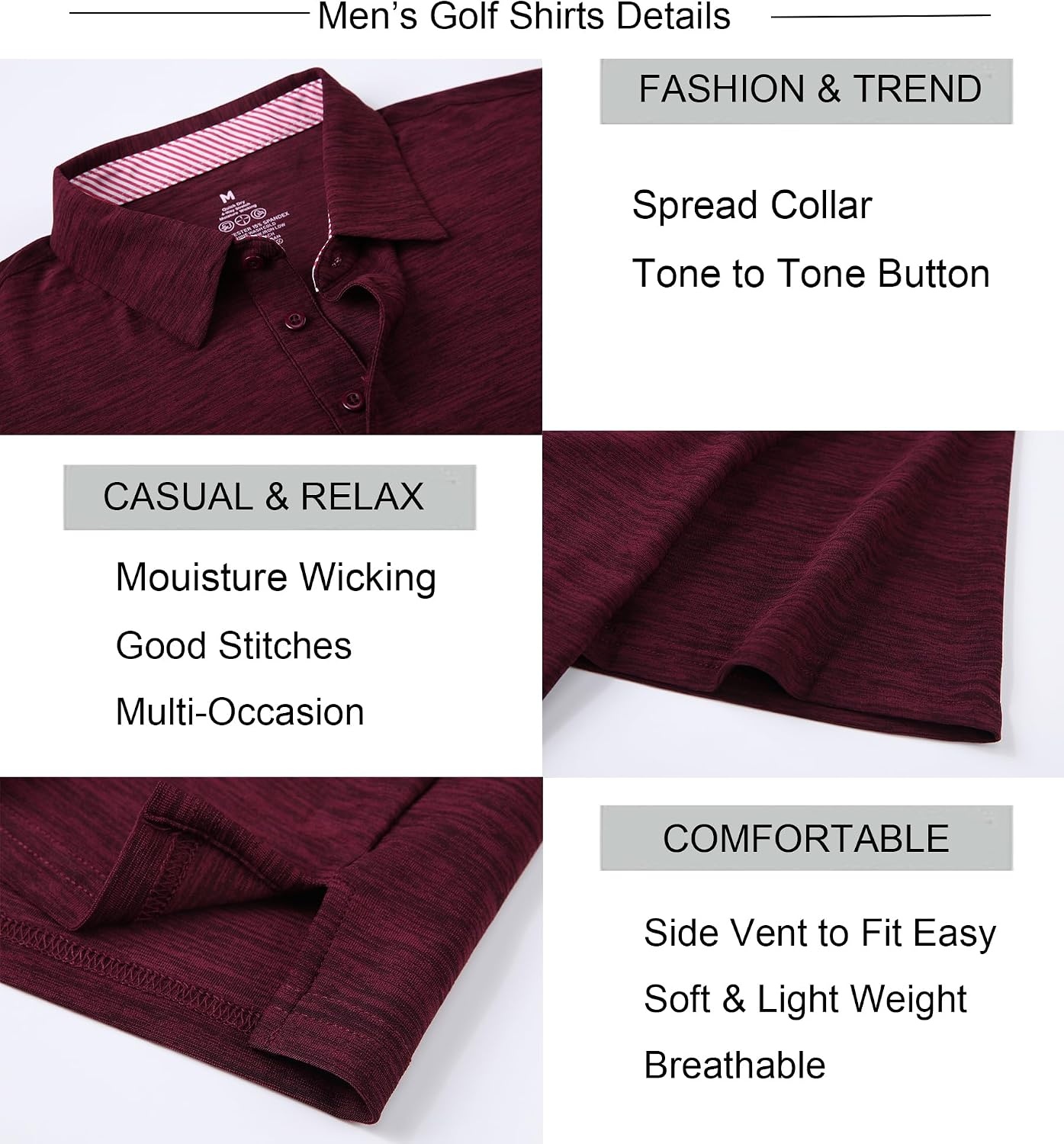 image:imageAlex Vando Mens Golf Shirt Moisture Wicking QuickDry Short Sleeve PoloDk Burgundy