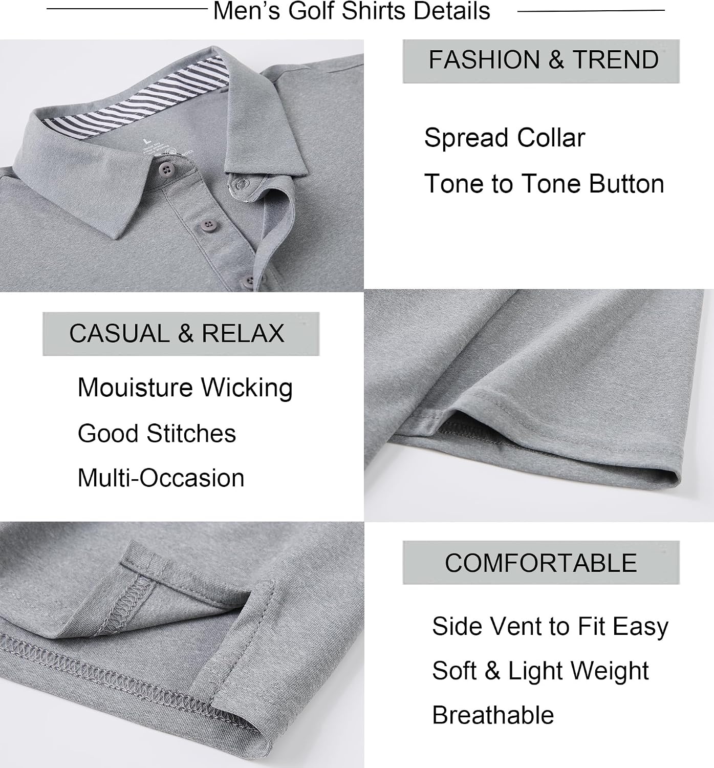 image:imageAlex Vando Mens Golf Shirt Moisture Wicking QuickDry Short Sleeve PoloGrey