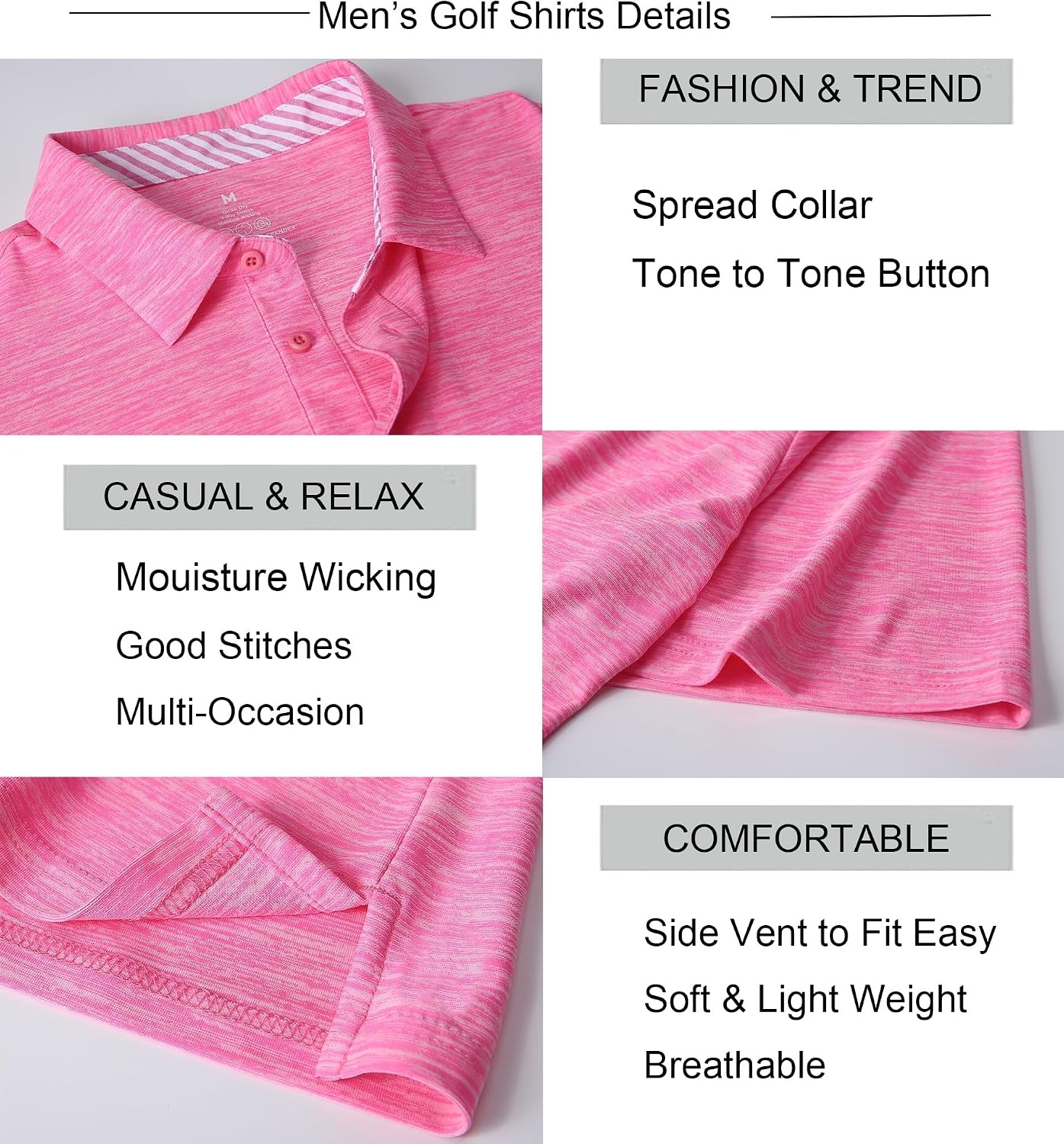 image:imageAlex Vando Mens Golf Shirt Moisture Wicking QuickDry Short Sleeve PoloHot Pink