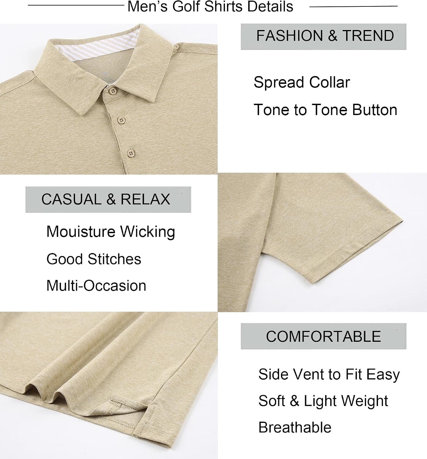 image:imageAlex Vando Mens Golf Shirt Moisture Wicking QuickDry Short Sleeve PoloKhaki