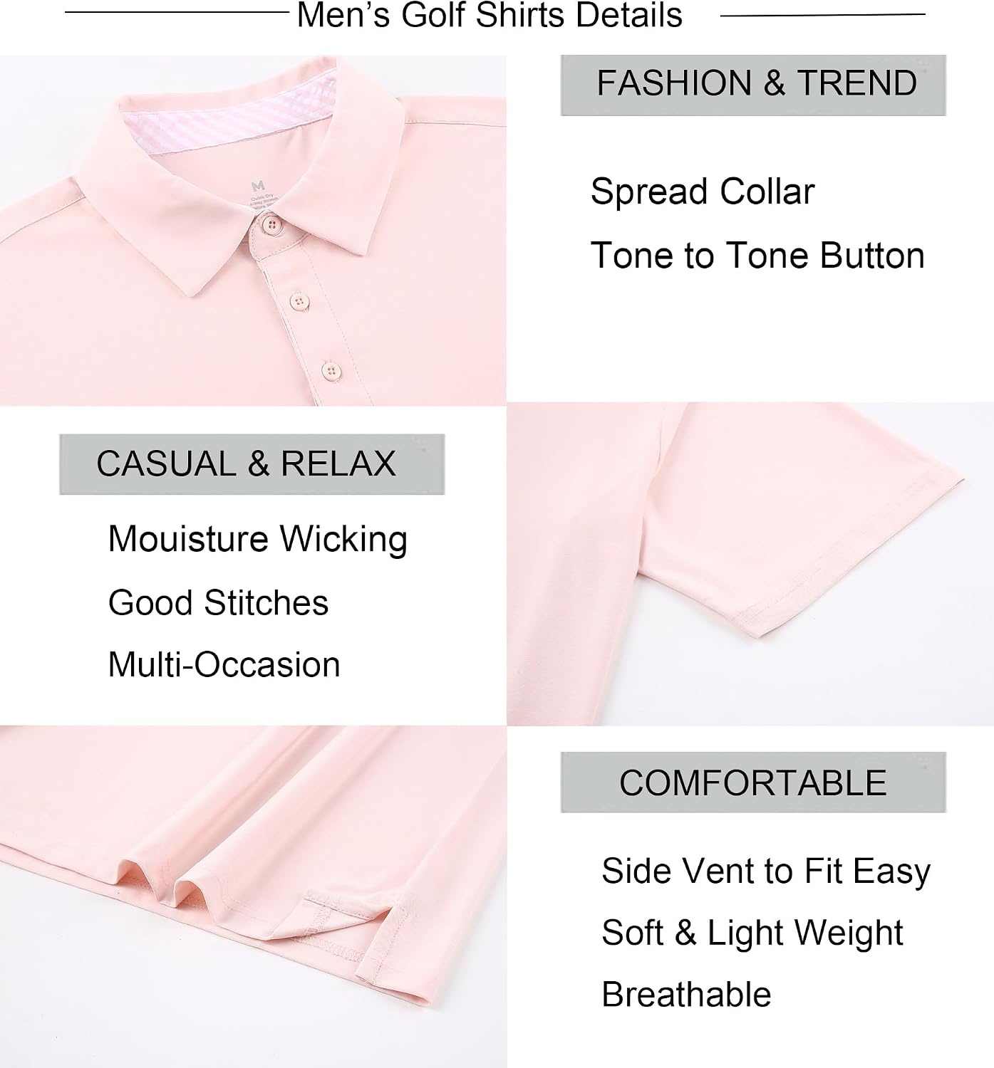 image:imageAlex Vando Mens Golf Shirt Moisture Wicking QuickDry Short Sleeve PoloLt Pink