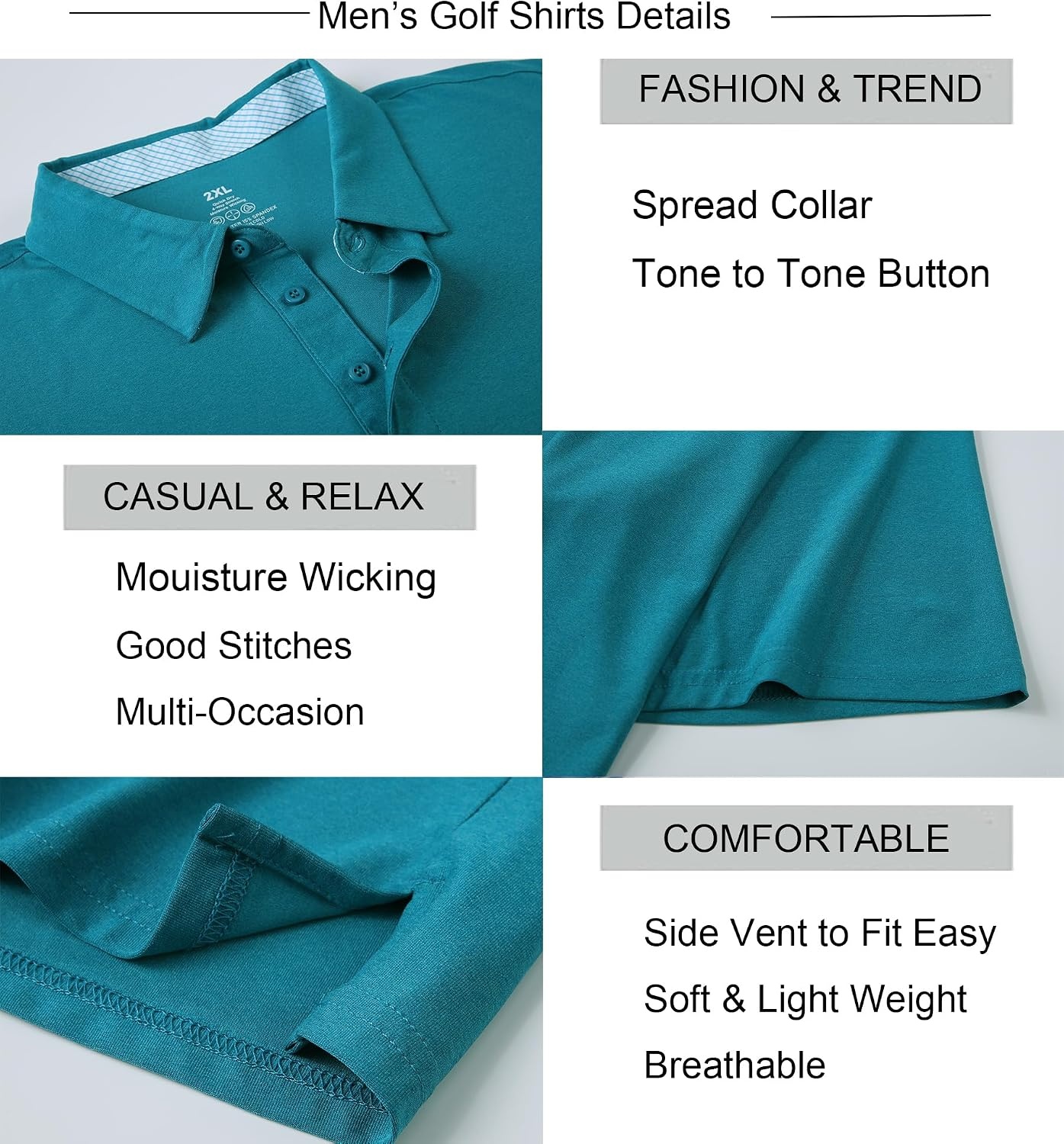 image:imageAlex Vando Mens Golf Shirt Moisture Wicking QuickDry Short Sleeve PoloTeal