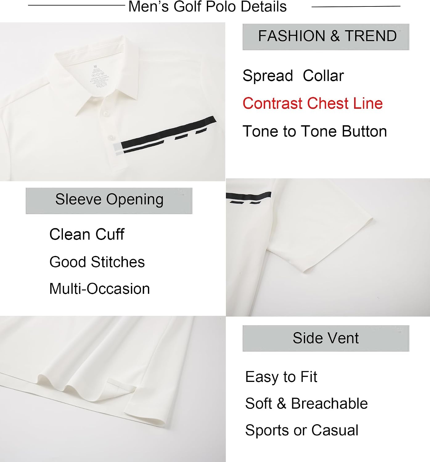 image:imageAlex Vando Mens Golf Shirt Moisture Wicking QuickDry Short Sleeve PoloWhite Pique