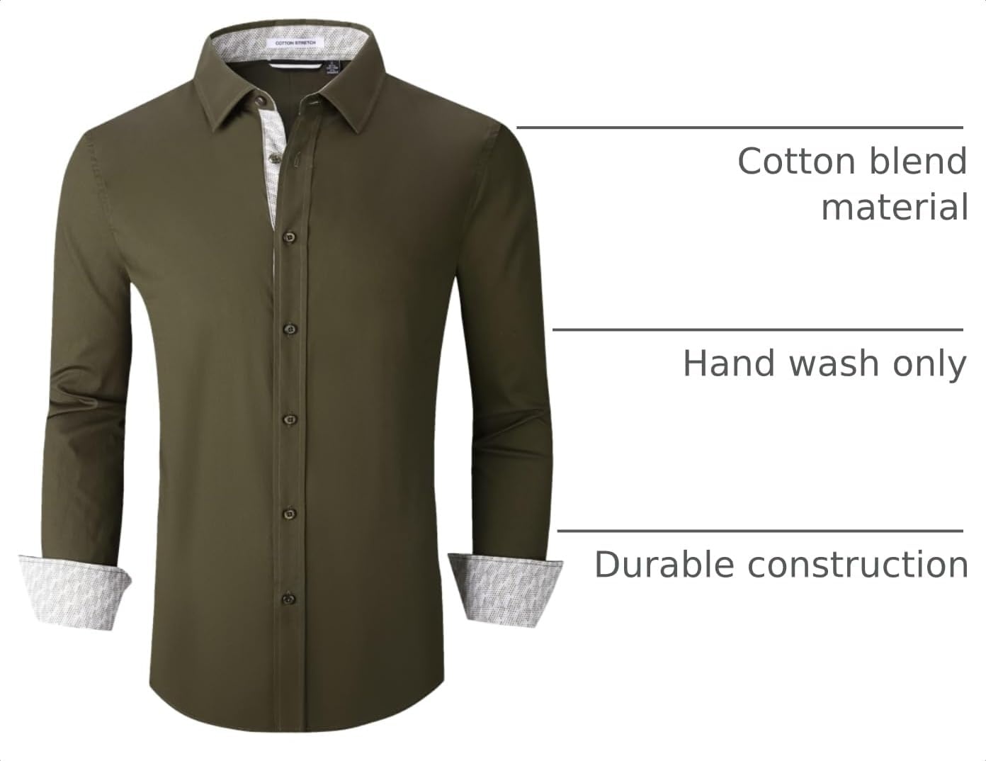 image:imageAlex Vando Mens Regular Fit Long Sleeve Stretch Dress ShirtsArmy