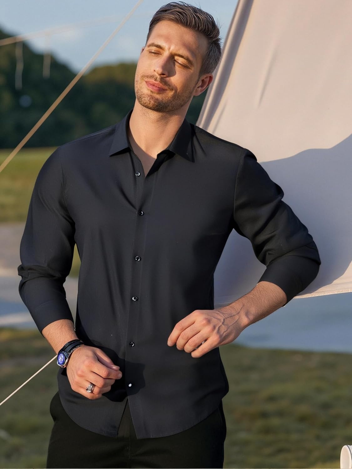 image:imageAlex Vando Mens Regular Fit Long Sleeve Stretch Dress ShirtsKnit Black