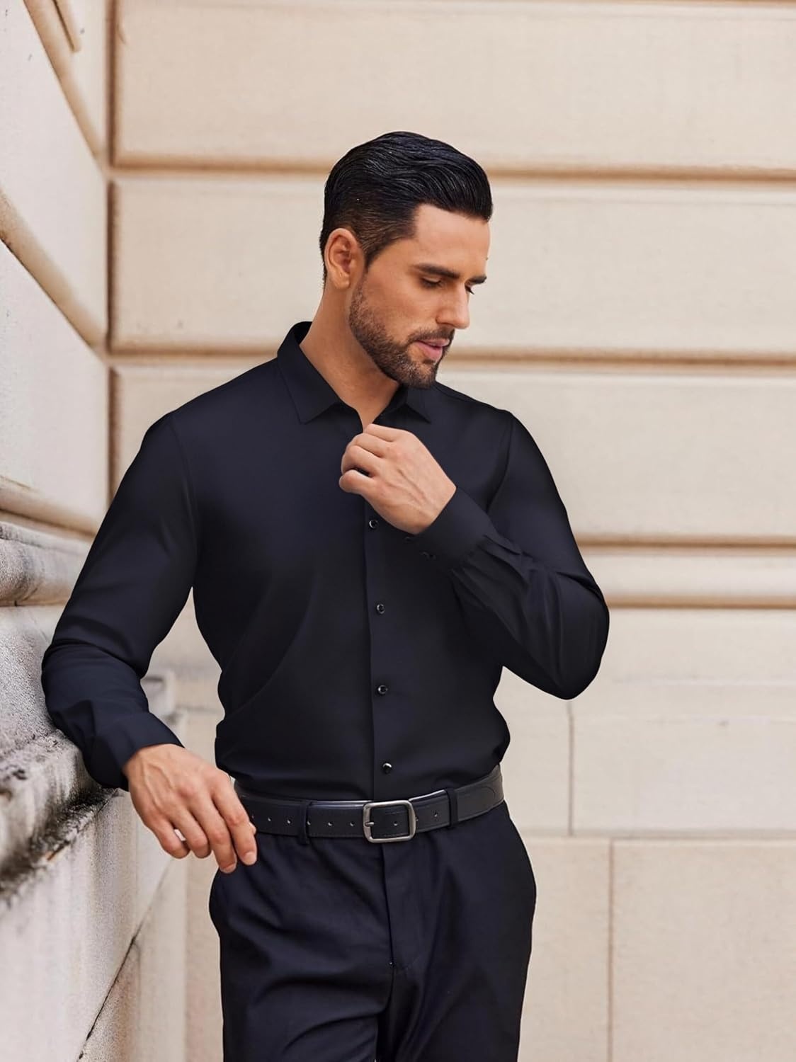image:imageAlex Vando Mens Regular Fit Long Sleeve Stretch Dress ShirtsKnit Black