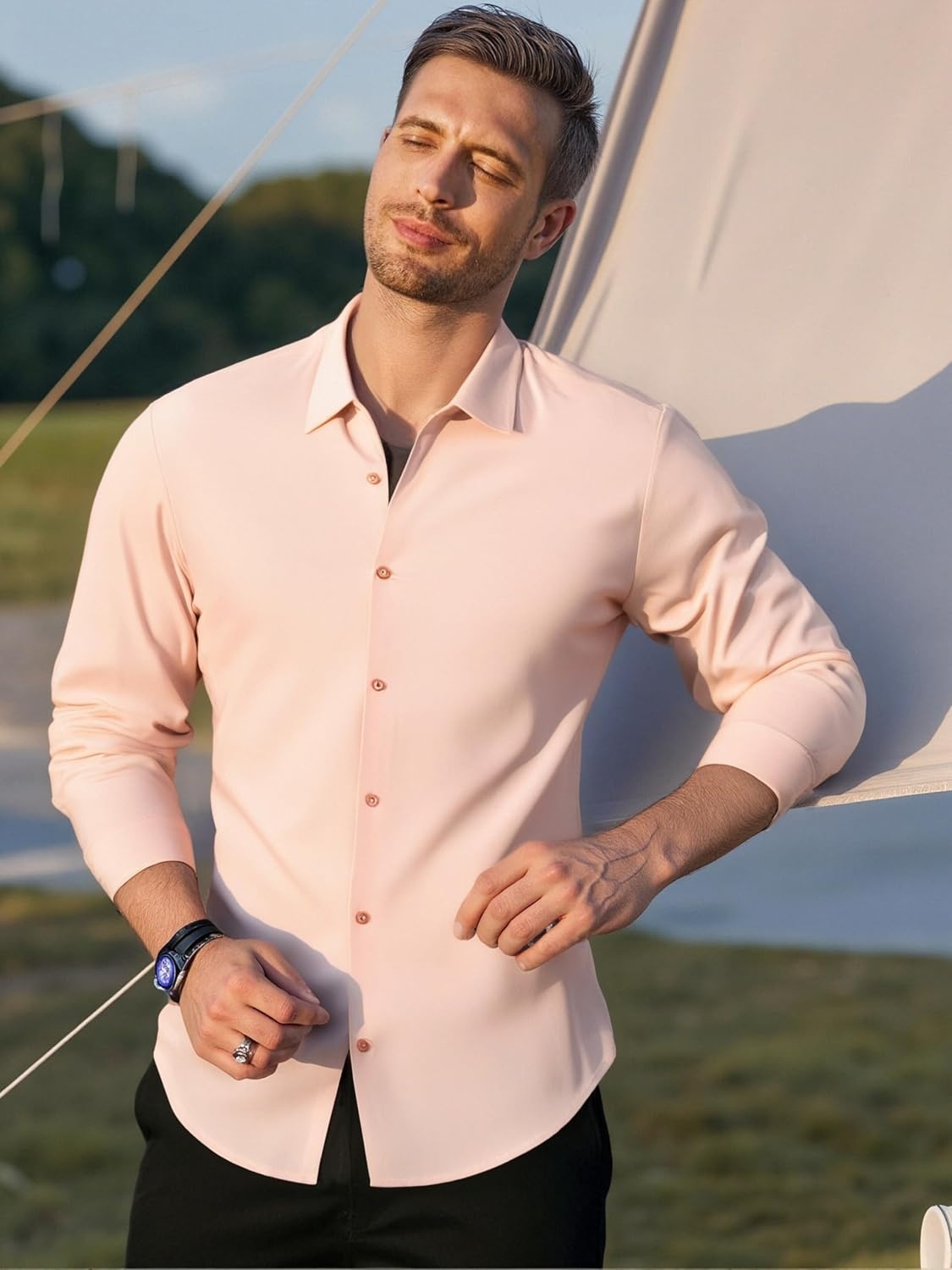image:imageAlex Vando Mens Regular Fit Long Sleeve Stretch Dress ShirtsKnit Pink
