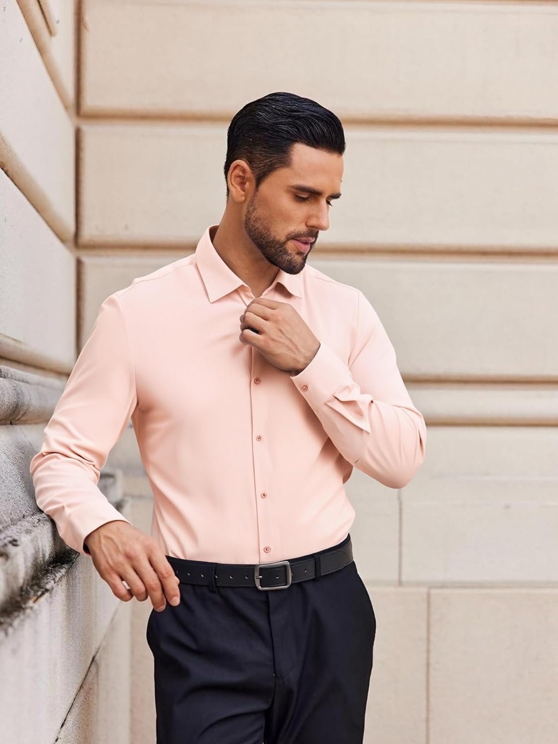 image:imageAlex Vando Mens Regular Fit Long Sleeve Stretch Dress ShirtsKnit Pink
