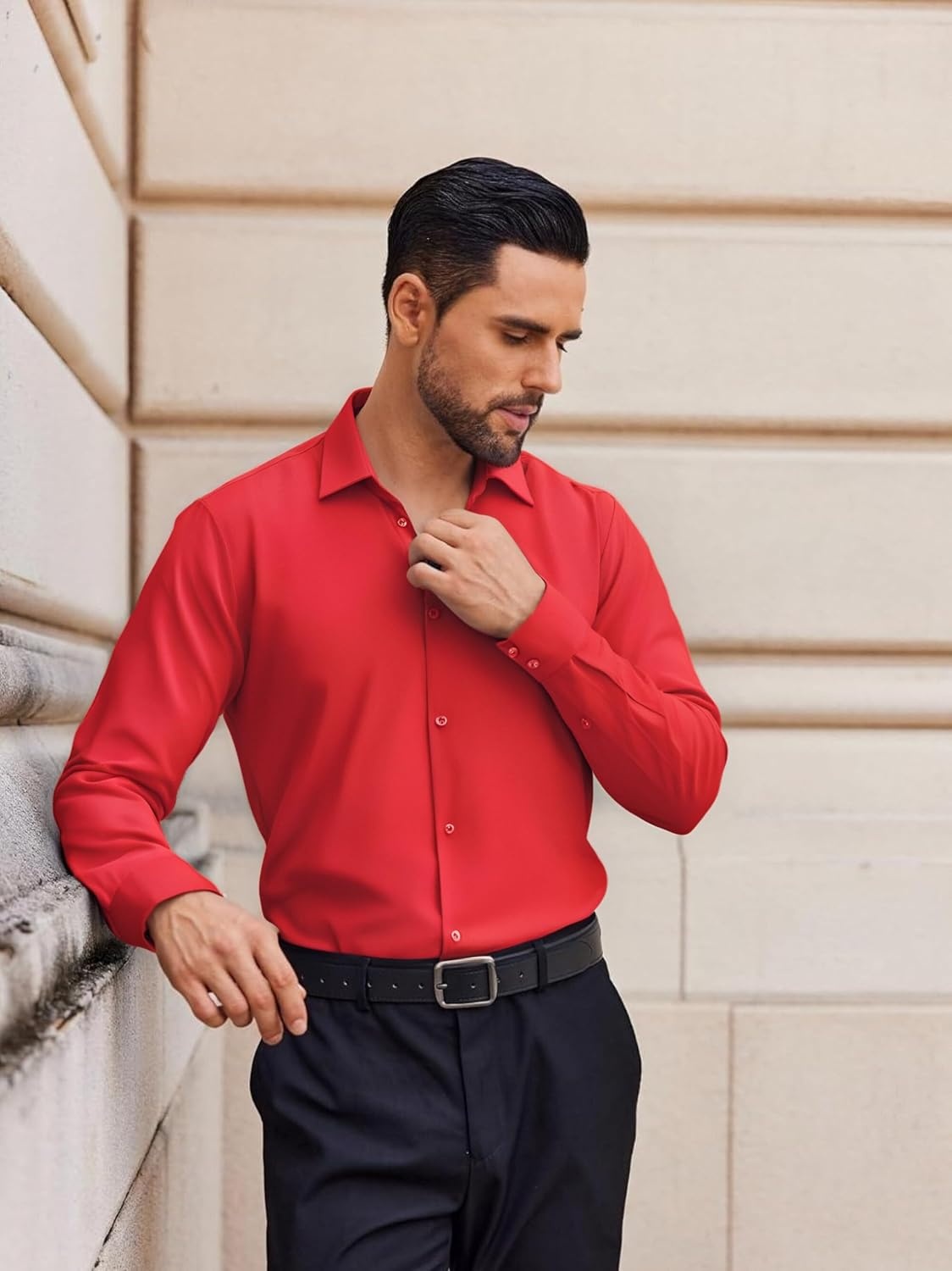 image:imageAlex Vando Mens Regular Fit Long Sleeve Stretch Dress ShirtsKnit Red