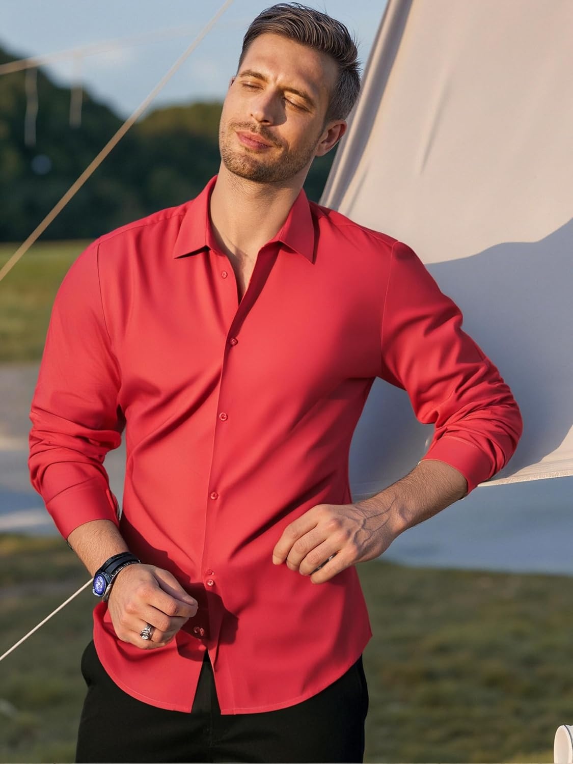 image:imageAlex Vando Mens Regular Fit Long Sleeve Stretch Dress ShirtsKnit Red
