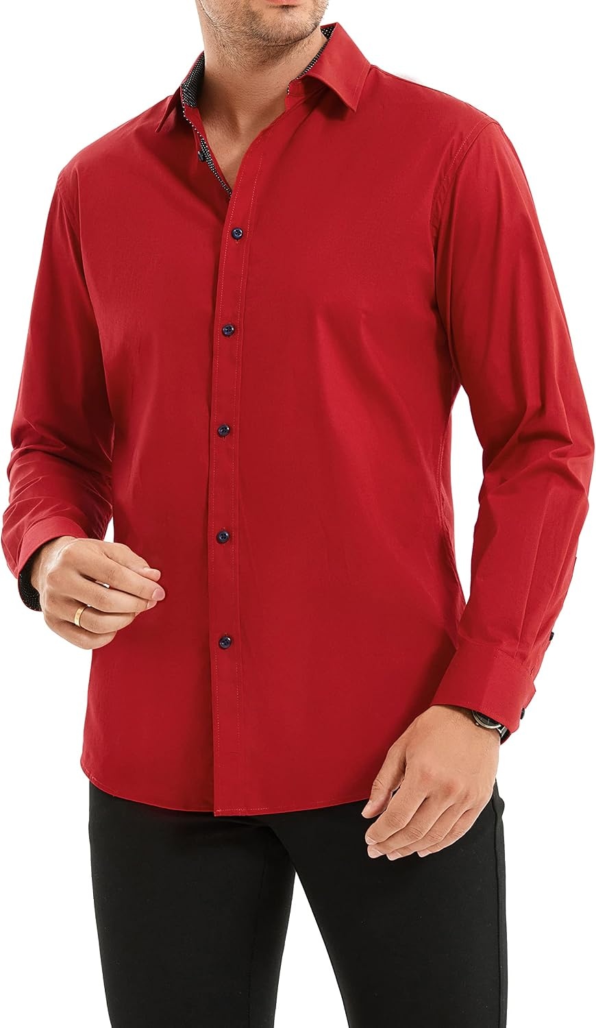 image:imageAlex Vando Mens Regular Fit Long Sleeve Stretch Dress ShirtsL17red