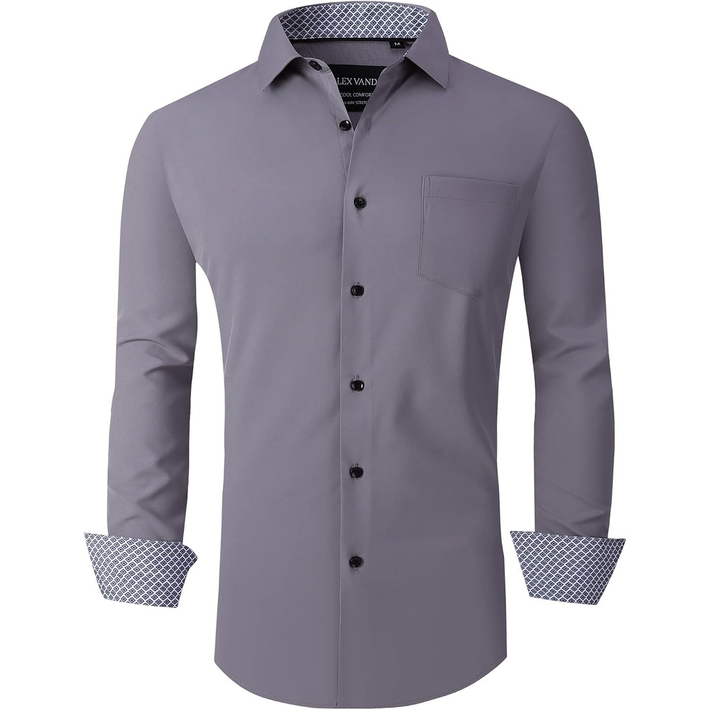 image:imageAlex Vando Mens Regular Fit Long Sleeve Stretch Dress Shirts06 Grey