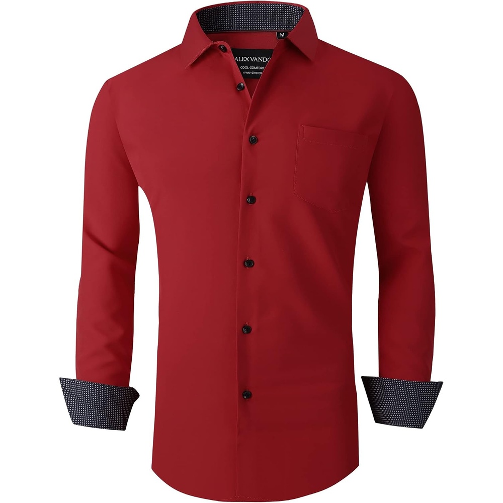 image:imageAlex Vando Mens Regular Fit Long Sleeve Stretch Dress Shirts06 Red