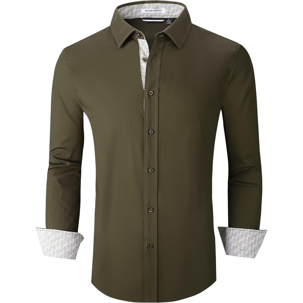 image:imageAlex Vando Mens Regular Fit Long Sleeve Stretch Dress ShirtsArmy