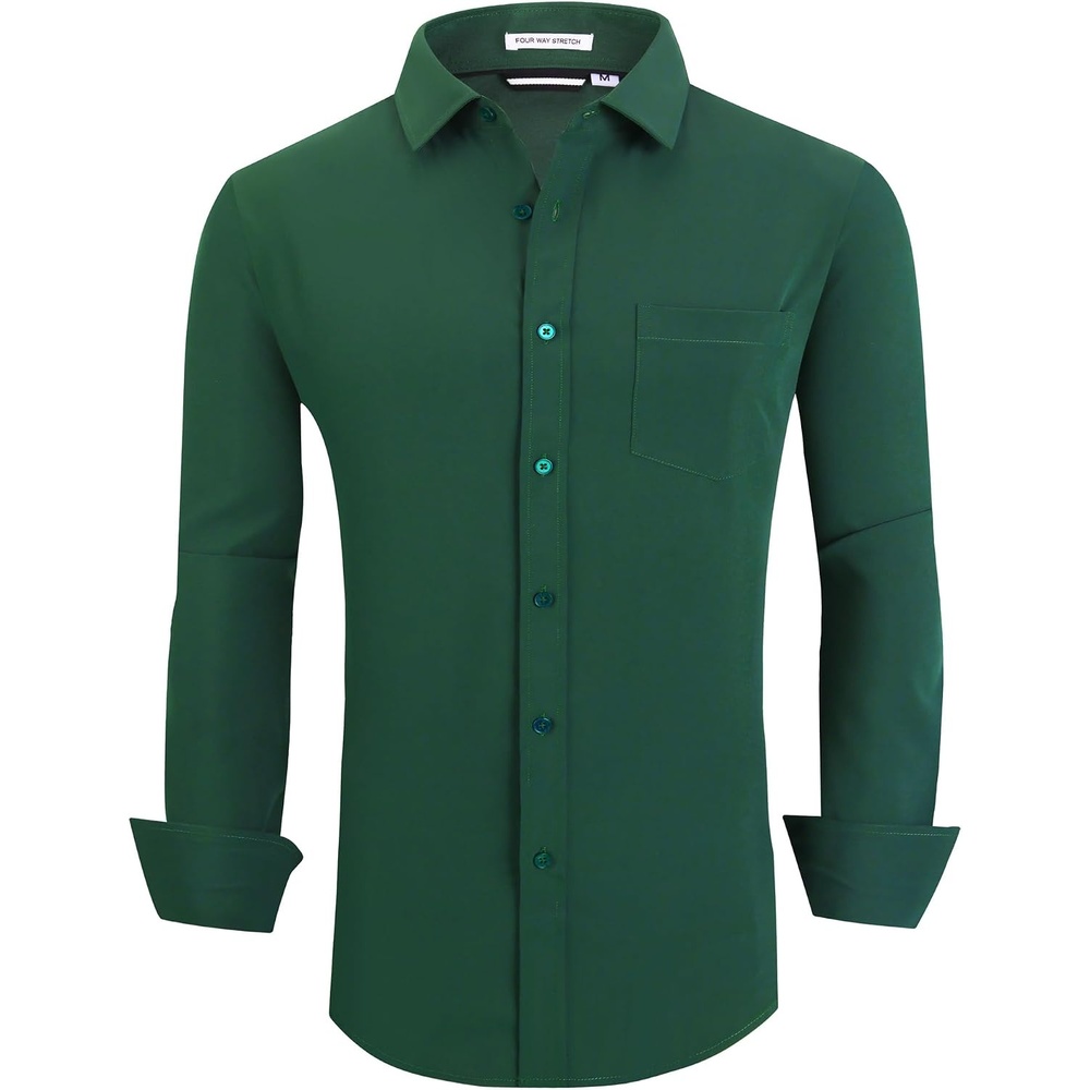 image:imageAlex Vando Mens Regular Fit Long Sleeve Stretch Dress ShirtsForest Green