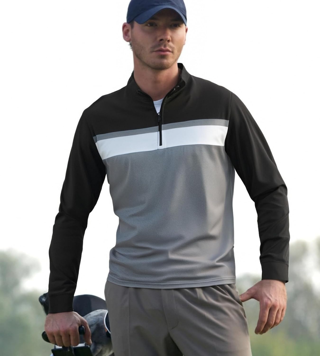 image:imageAlex Vando Mens Long Sleeve Color Block Mock Neck Zipper Golf ShirtsBlack 171