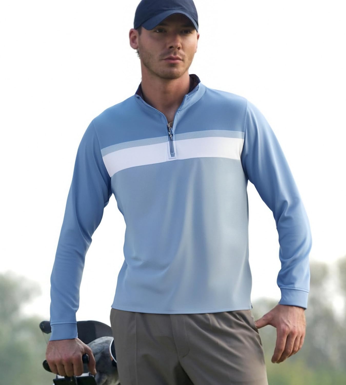 image:imageAlex Vando Mens Long Sleeve Color Block Mock Neck Zipper Golf ShirtsBlue 171