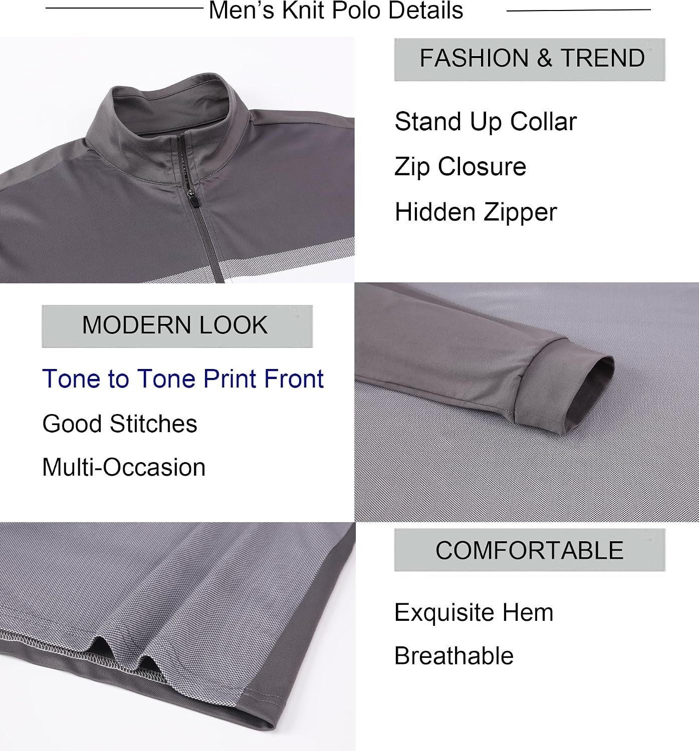 image:imageAlex Vando Mens Long Sleeve Color Block Mock Neck Zipper Golf ShirtsDark Grey 171