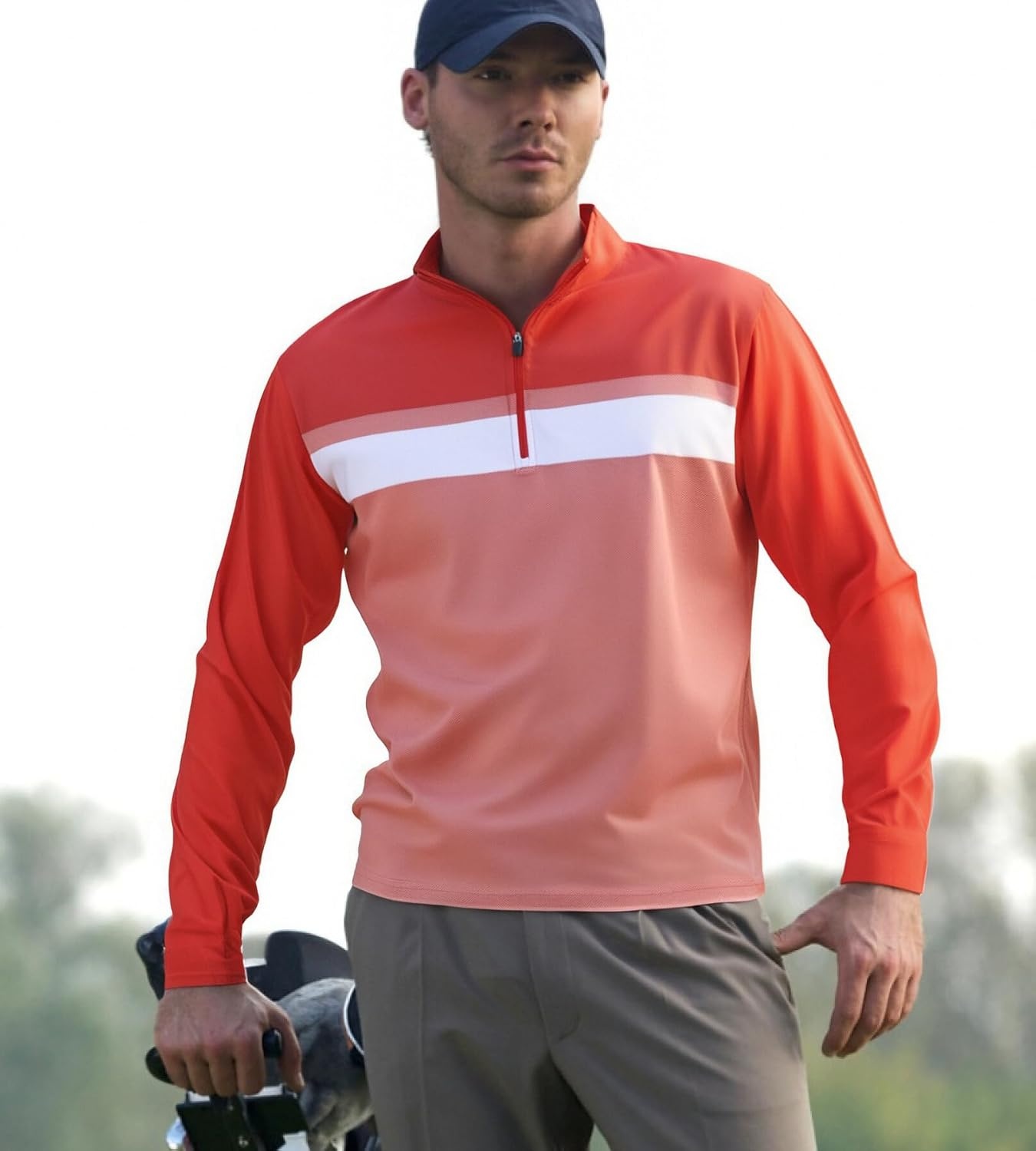 image:imageAlex Vando Mens Long Sleeve Color Block Mock Neck Zipper Golf ShirtsRed 171