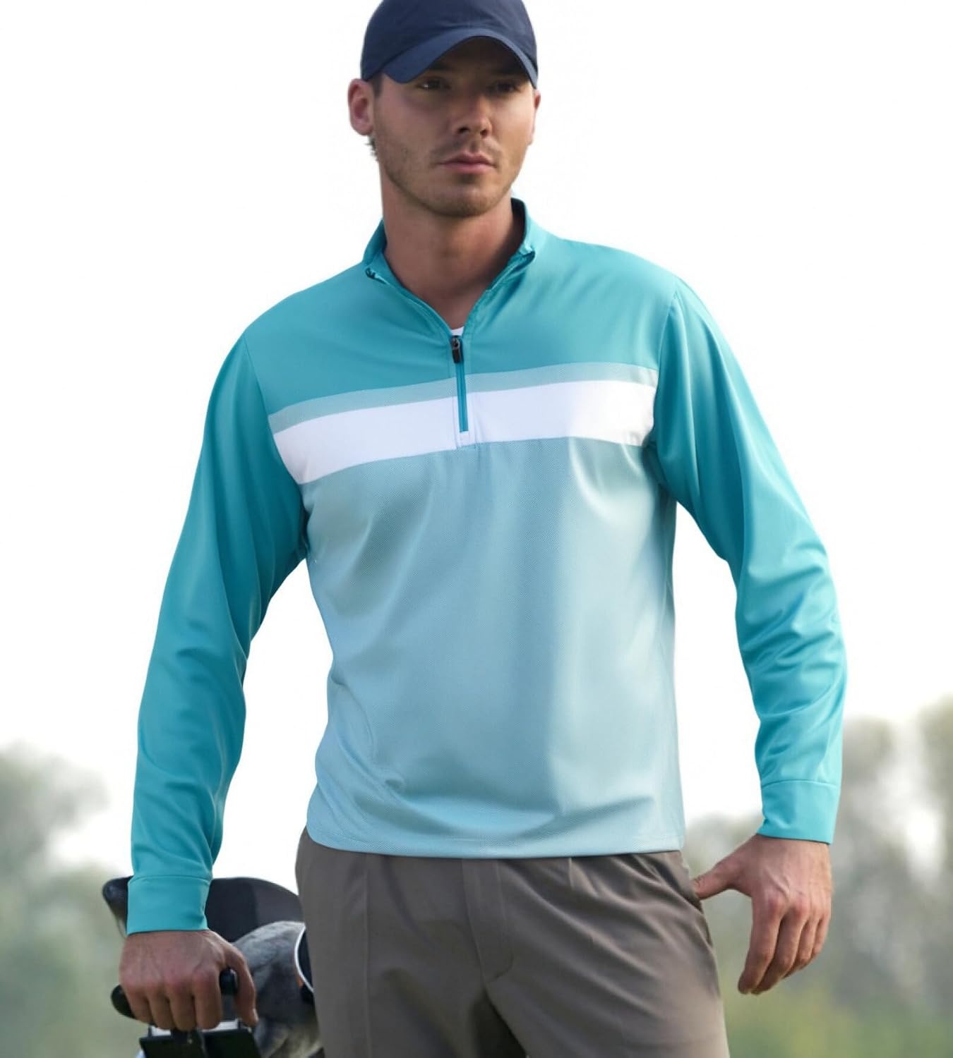 image:imageAlex Vando Mens Long Sleeve Color Block Mock Neck Zipper Golf ShirtsTurquoise 171