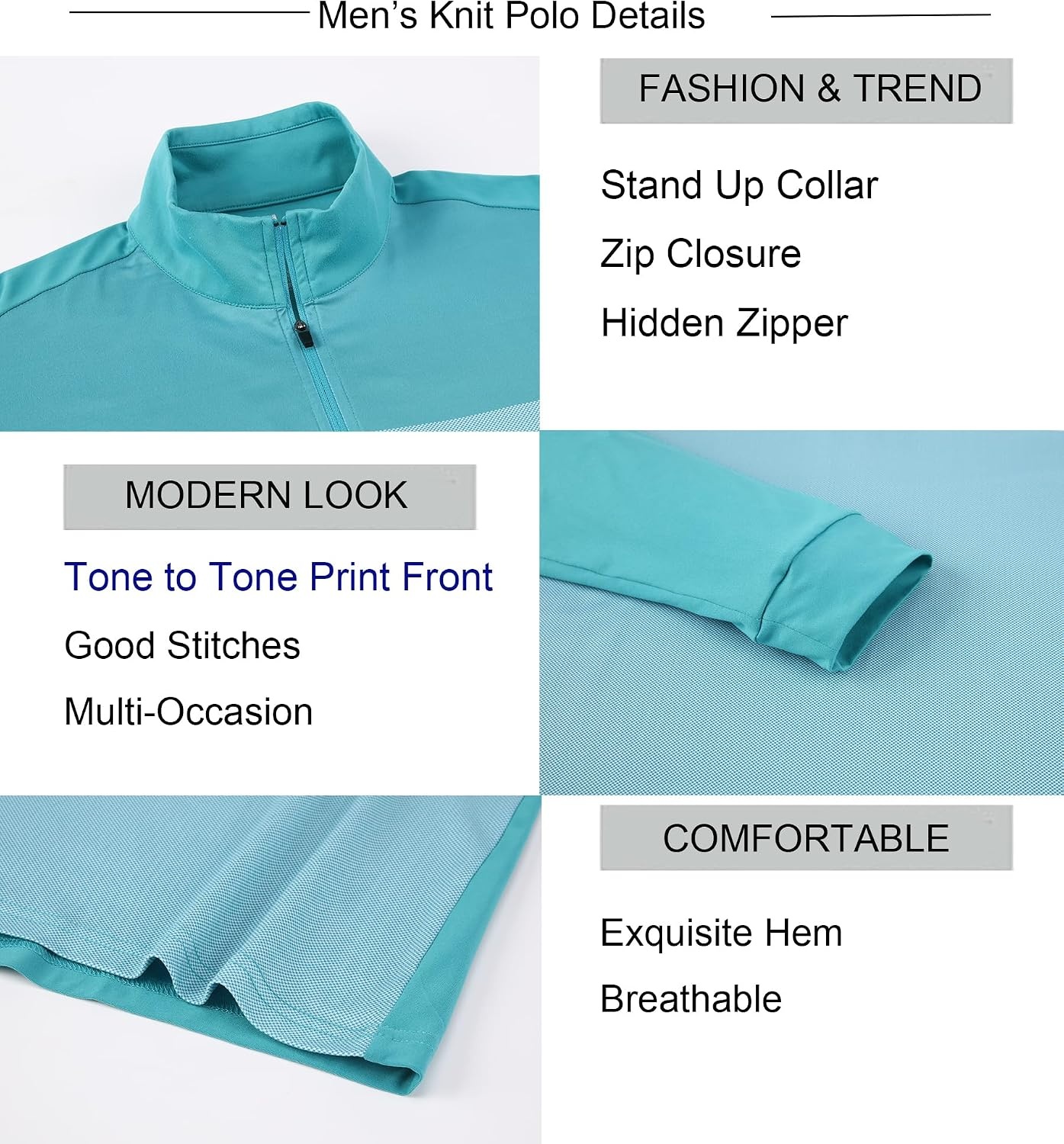 image:imageAlex Vando Mens Long Sleeve Color Block Mock Neck Zipper Golf ShirtsTurquoise 171
