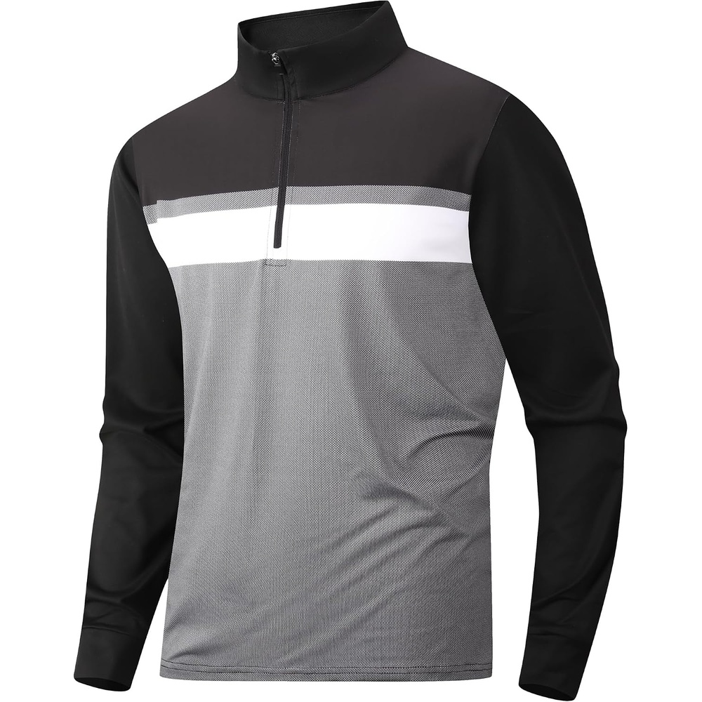 image:imageAlex Vando Mens Long Sleeve Color Block Mock Neck Zipper Golf ShirtsBlack 171