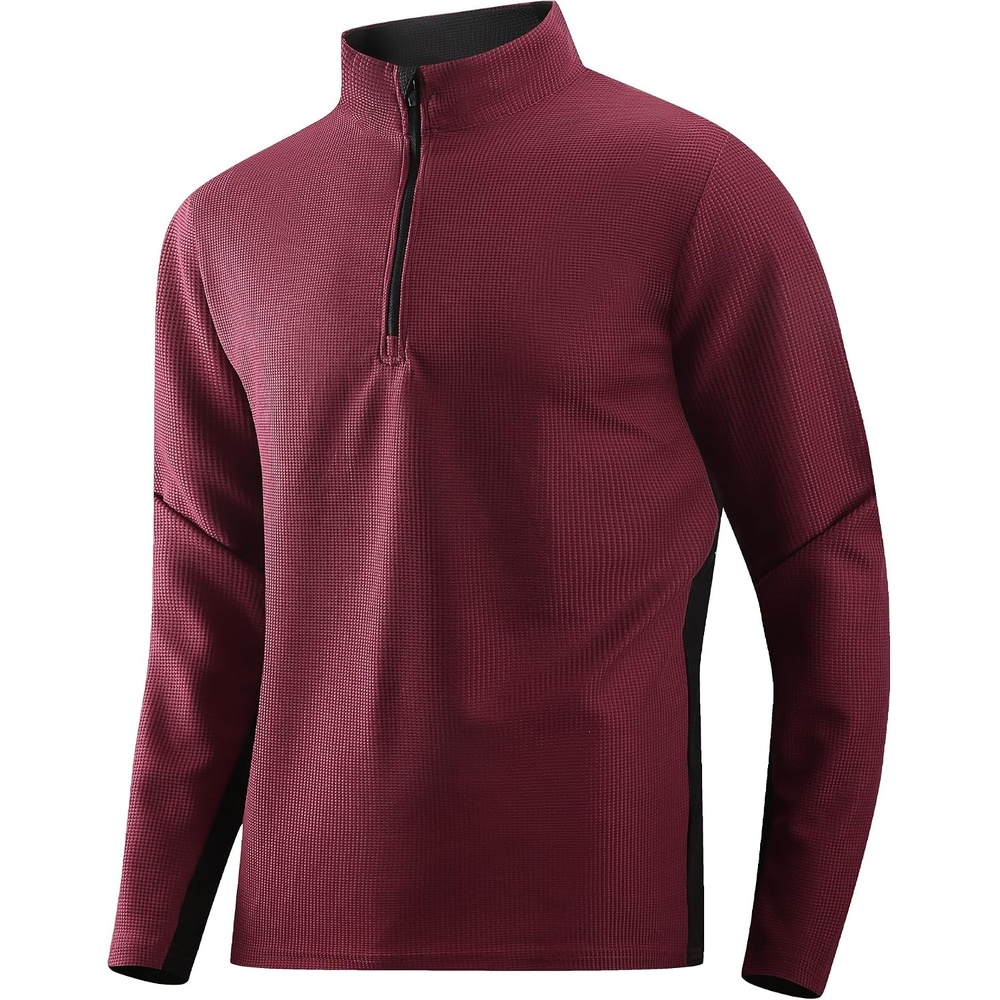 image:imageAlex Vando Mens Long Sleeve Color Block Mock Neck Zipper Golf ShirtsWine