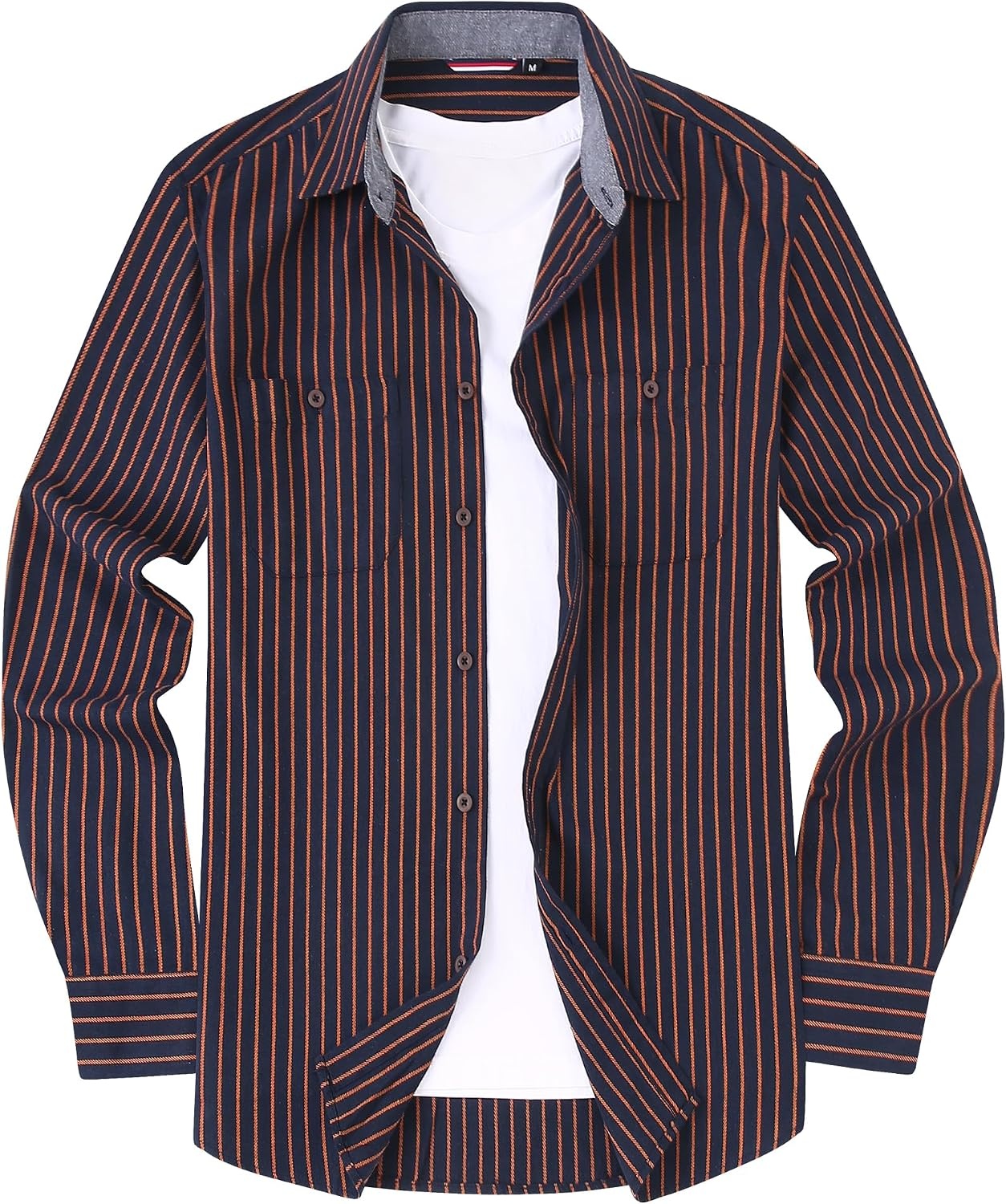 image:imageAlex Vando Mens Button Down Regular Fit Long Sleeve Casual Flannel ShirtsNavyOrange Stripe