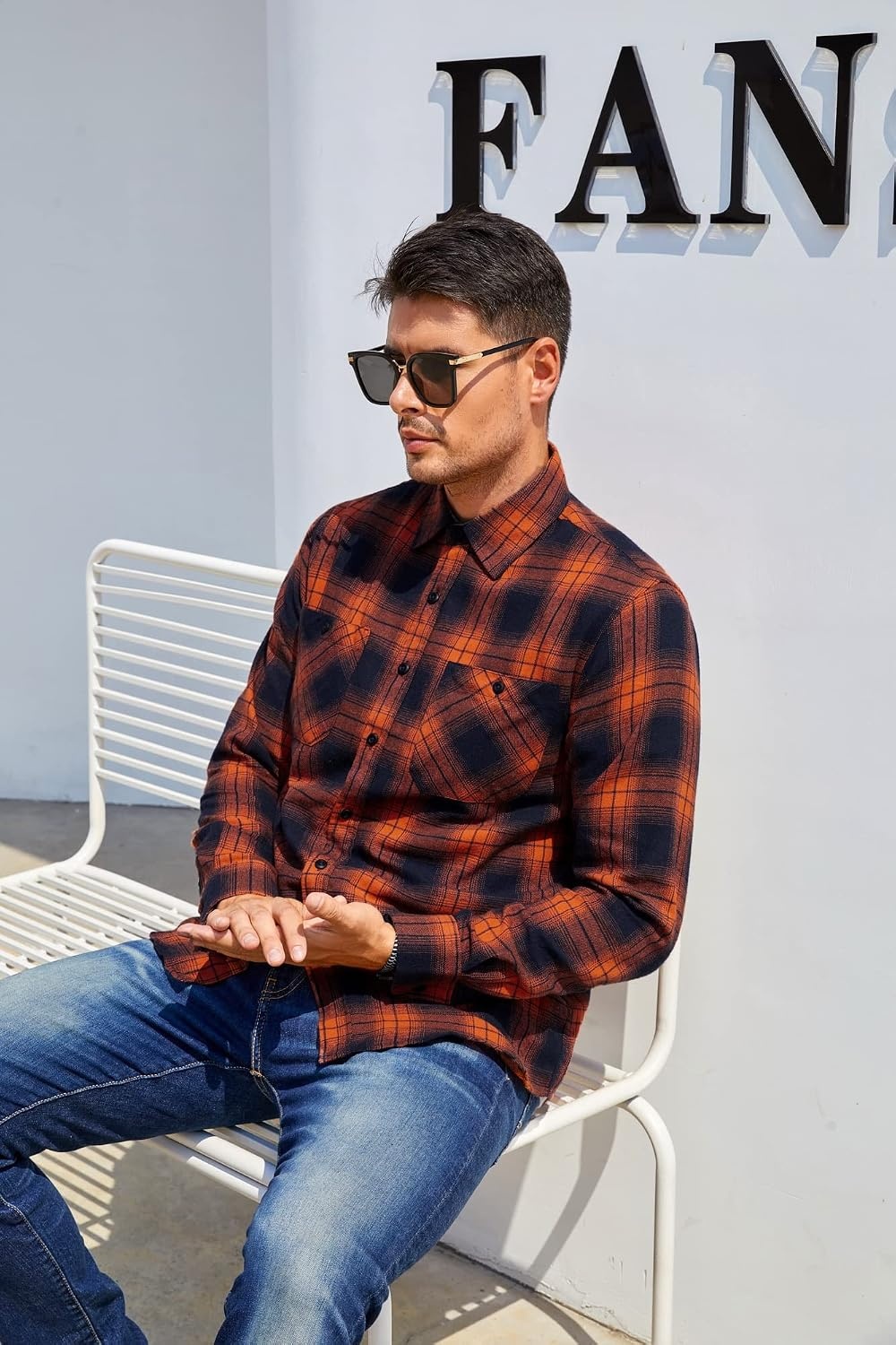 image:imageAlex Vando Mens Button Down Regular Fit Long Sleeve Casual Flannel ShirtsOrangeNavy